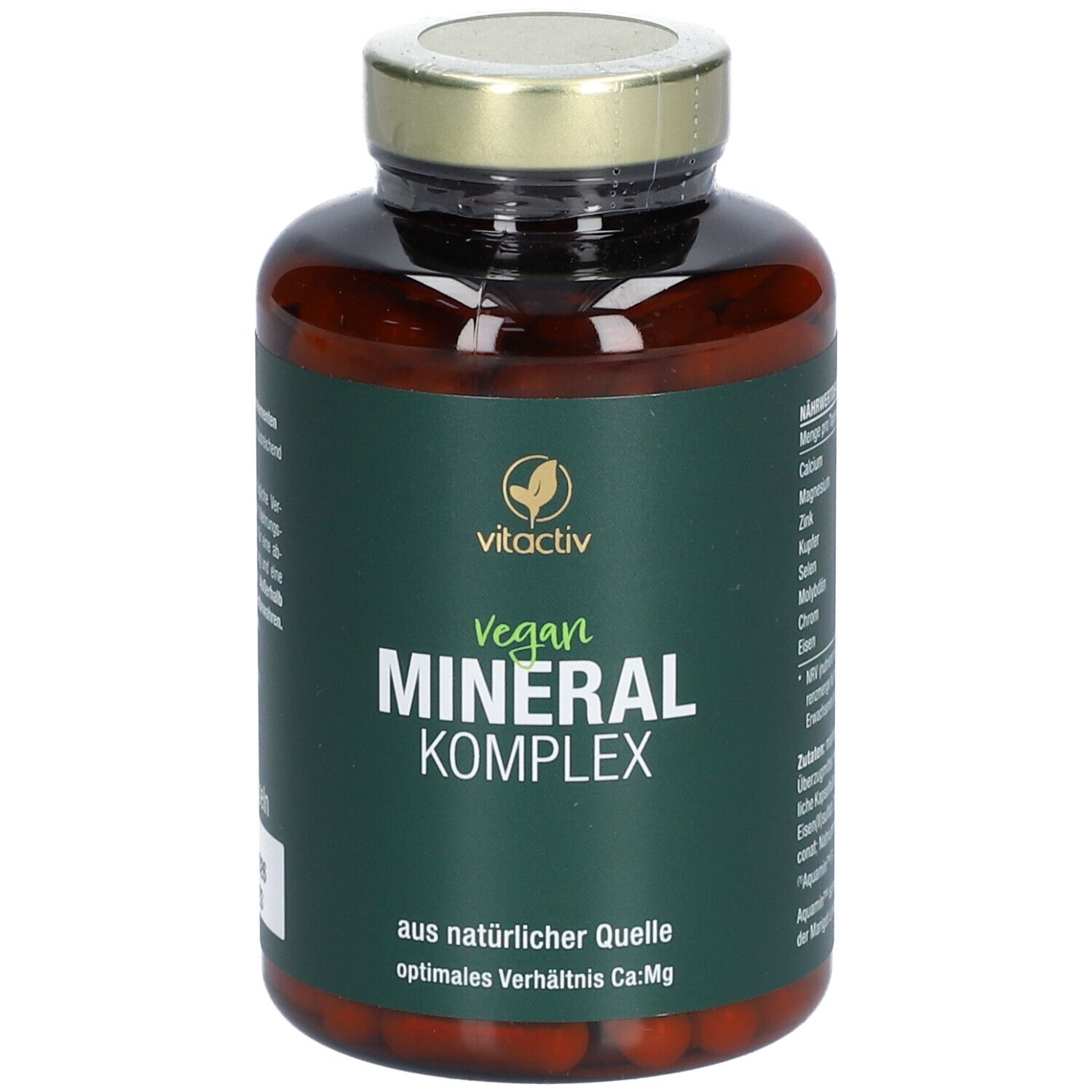 Flacon en verre brun avec couvercle doré. Étiquette "vitactiv Vegan Mineral Komplex".