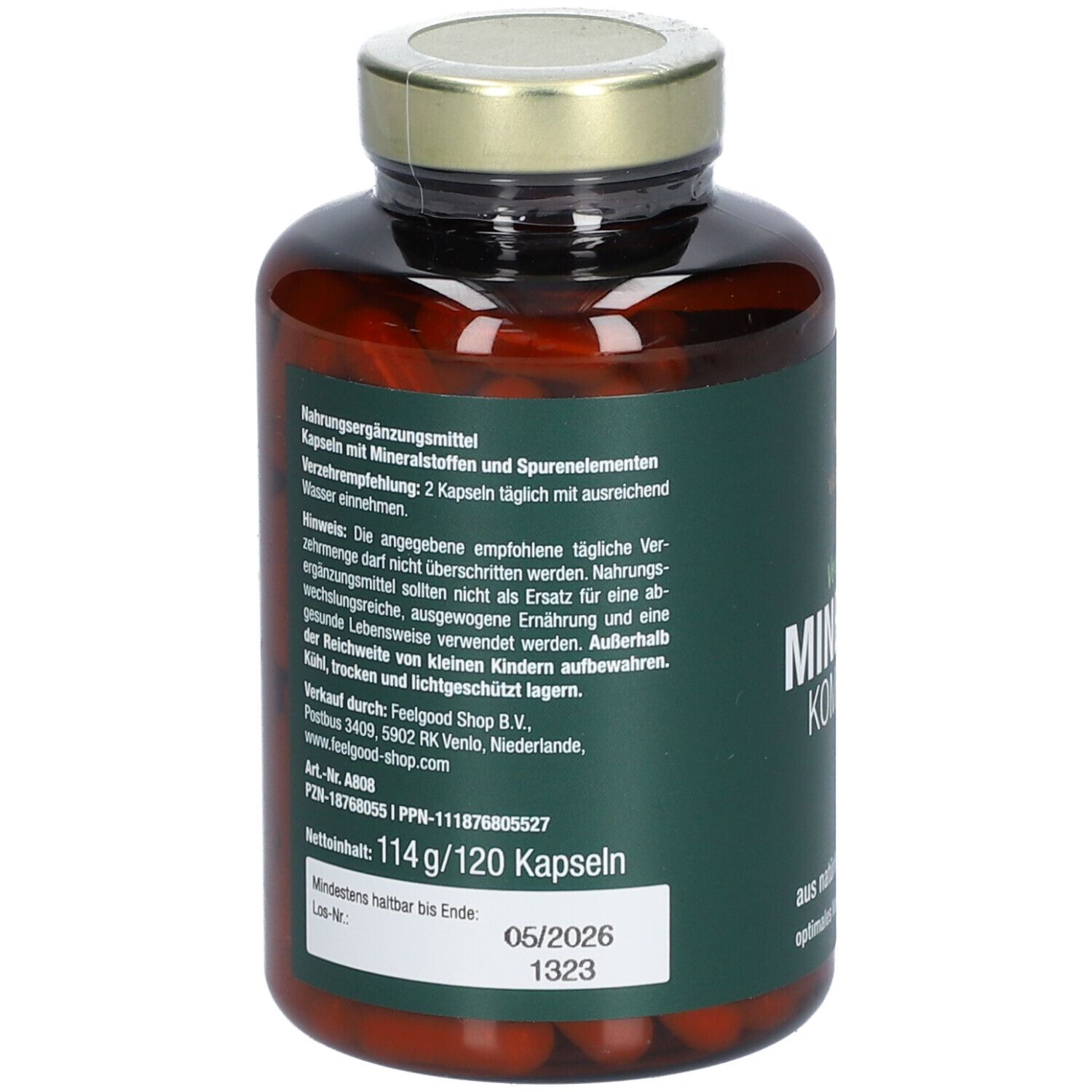 Dos du flacon "vitactiv Vegan Mineral Komplex". Étiquette avec ingrédients et valeurs nutritionnelles.