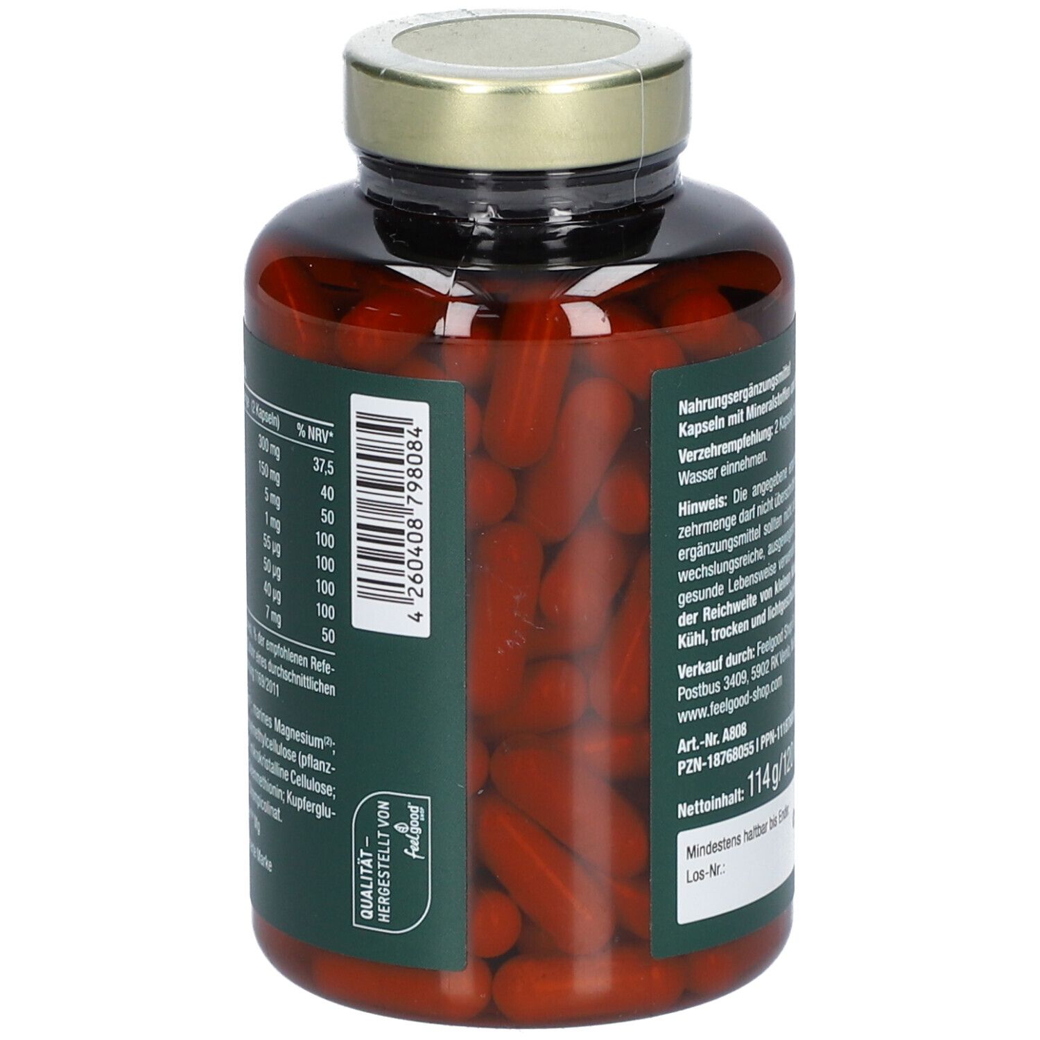 Dos du flacon "vitactiv Vegan Mineral Komplex". Étiquette avec ingrédients et valeurs nutritionnelles.