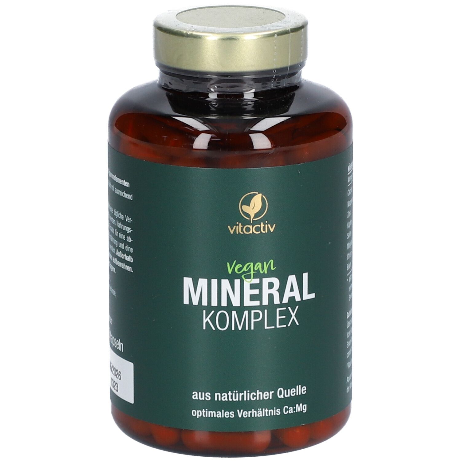 Flacon en verre brun avec couvercle doré. Étiquette "vitactiv Vegan Mineral Komplex".