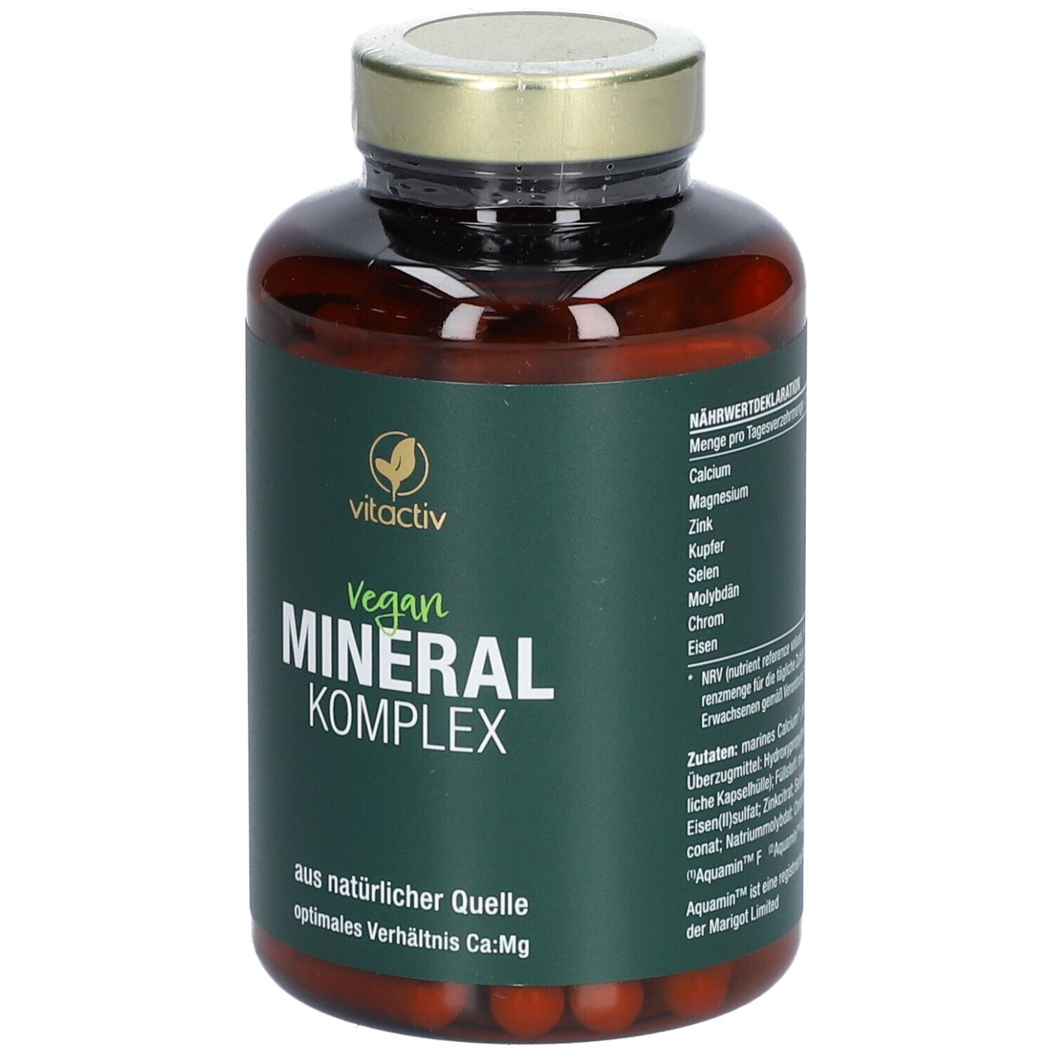 Flacon en verre brun avec couvercle doré. Étiquette "vitactiv Vegan Mineral Komplex".