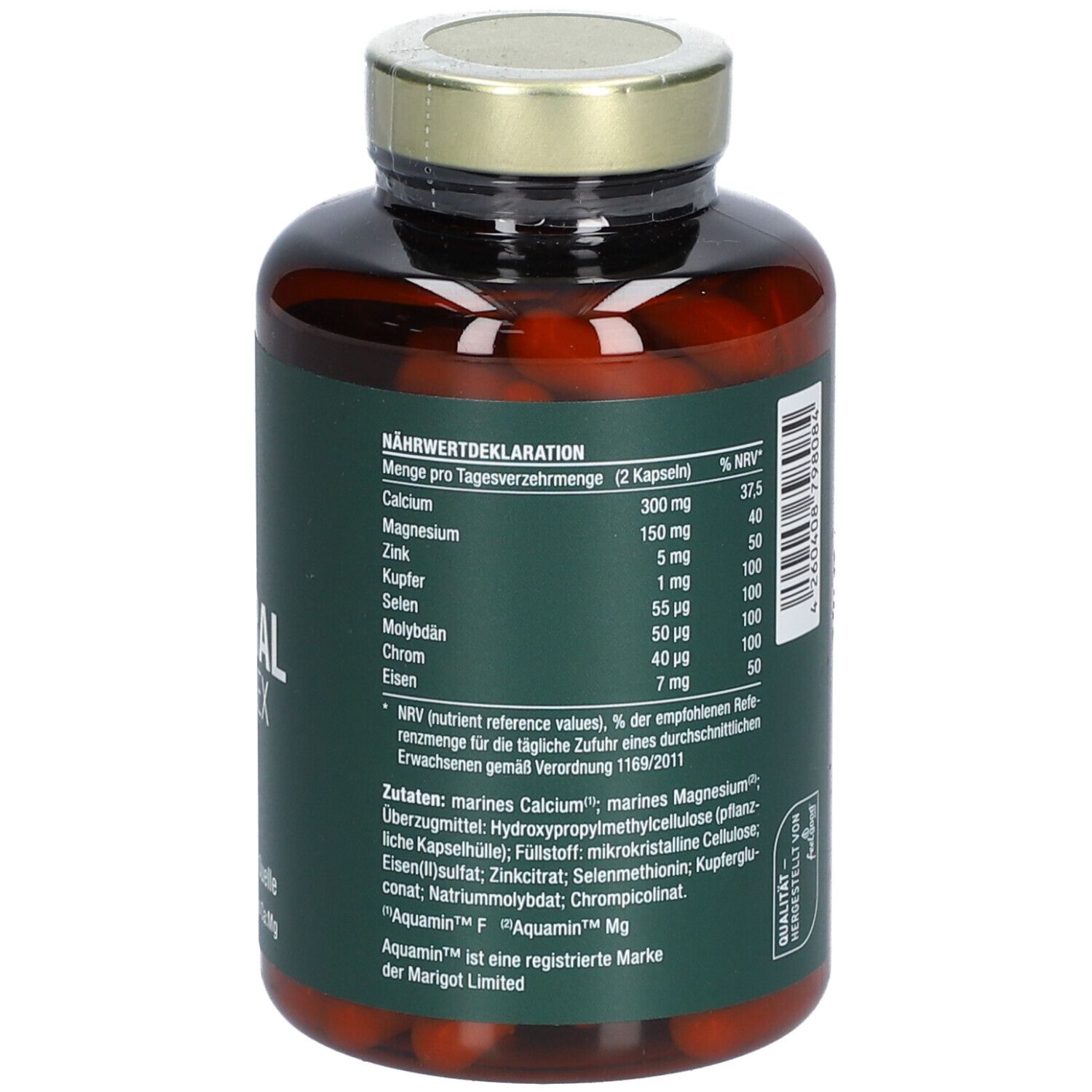 Dos du flacon "vitactiv Vegan Mineral Komplex". Étiquette avec ingrédients et valeurs nutritionnelles.