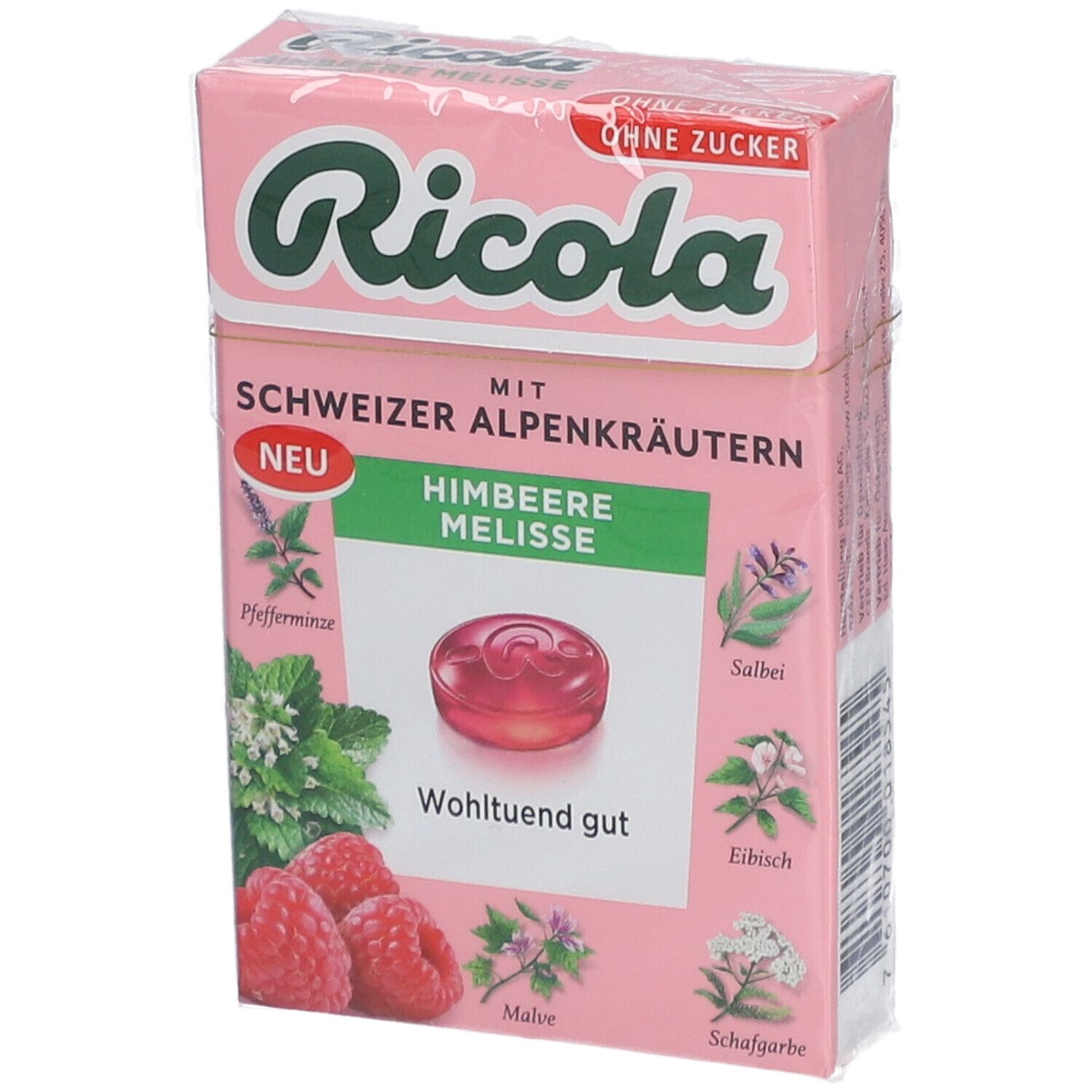 Boîte rose Ricola Himbeere Melisse sans sucre. Contient des herbes alpines suisses. Bonbons.