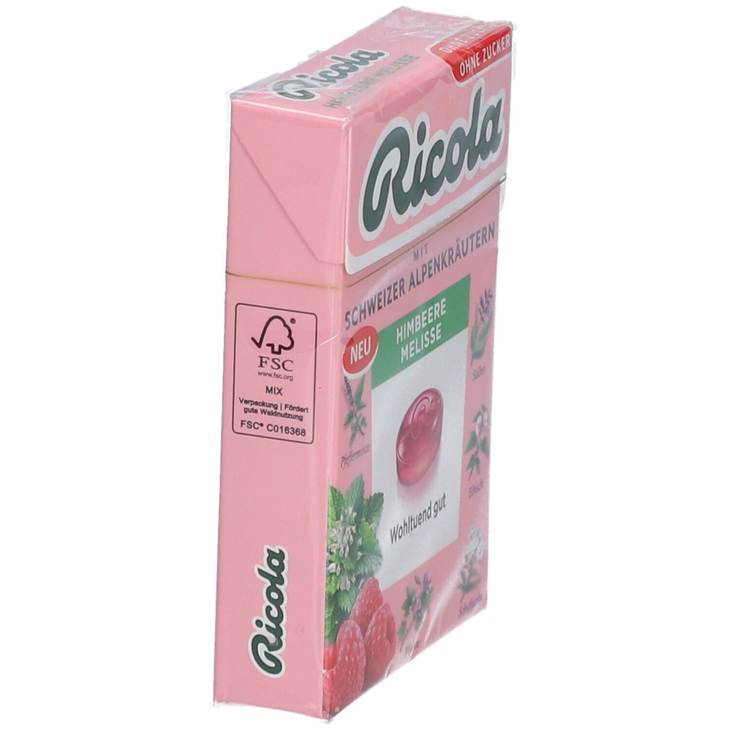 Boîte Ricola Himbeere Melisse rose, logo FSC. Vue latérale. Sans sucre. Herbes alpines suisses.