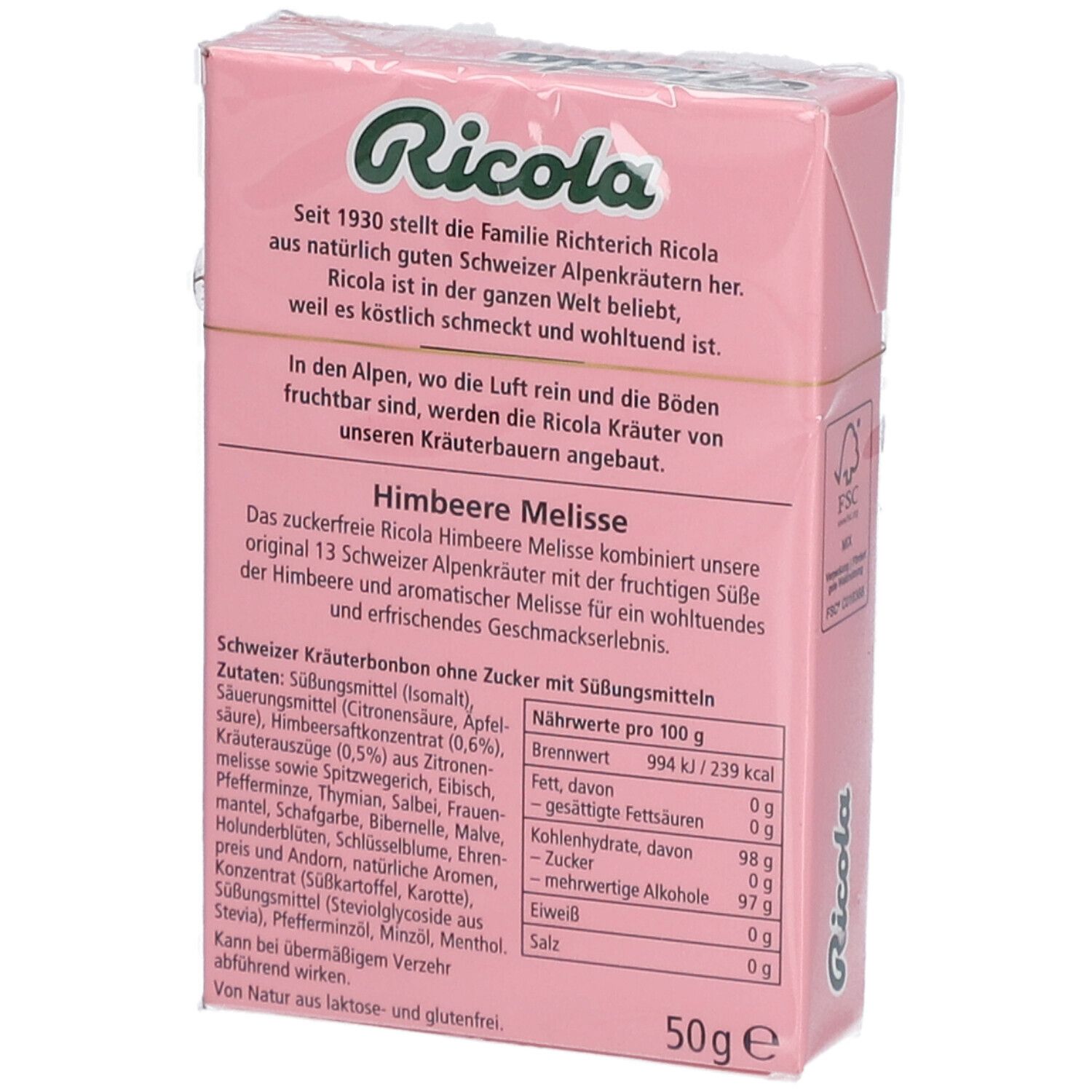 Dos de la boîte Ricola Himbeere Melisse. Texte sur les ingrédients, la valeur nutritionnelle et le fabricant.