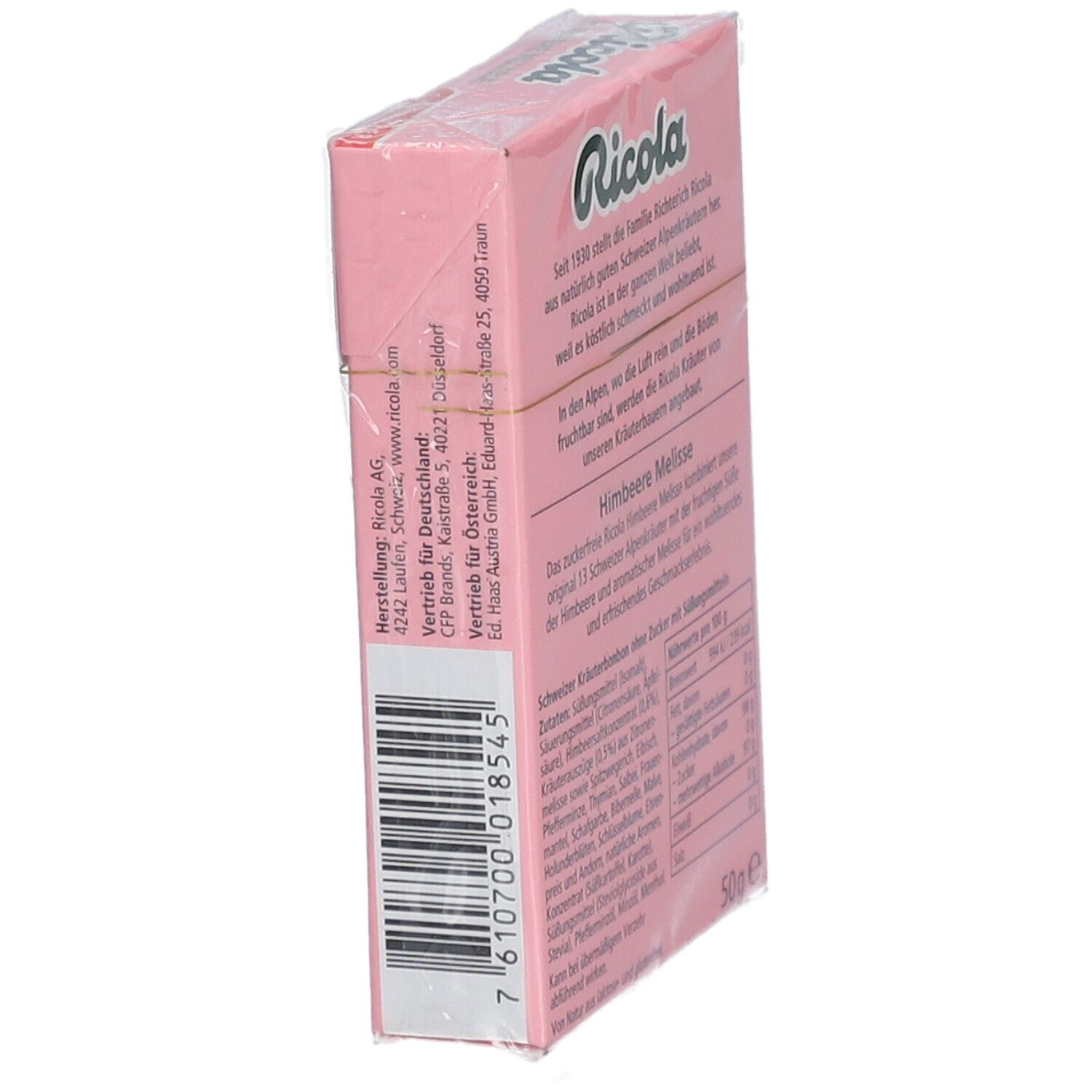 Boîte Ricola Himbeere Melisse, vue latérale. Code-barres et informations du fabricant.