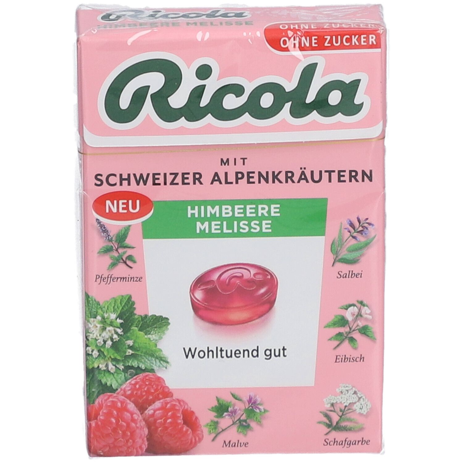 Boîte Ricola Himbeere Melisse rose. Herbes alpines suisses. Sans sucre. Image de bonbon.