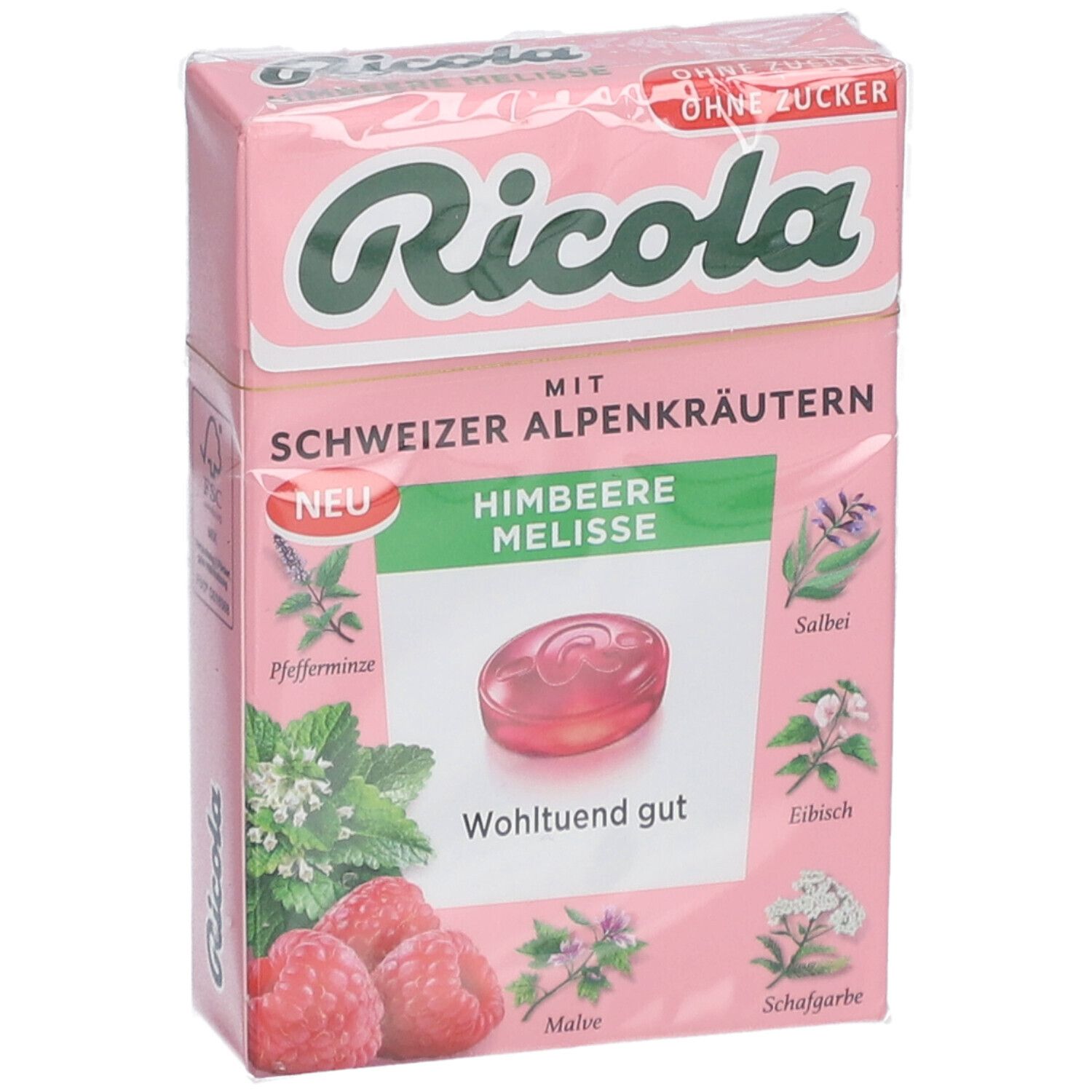 Boîte Ricola Himbeere Melisse rose. Herbes alpines suisses. Sans sucre. Gros plan.