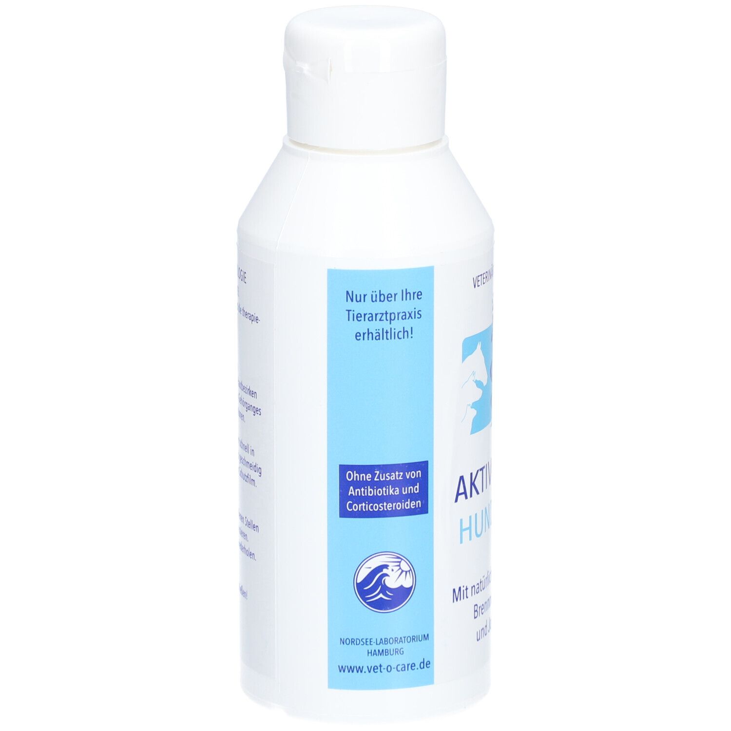 Rückseite der weißen Flasche. Text: Nur über Ihre Tierarztpraxis erhältlich! Ohne Antibiotika und Corticosteroide.