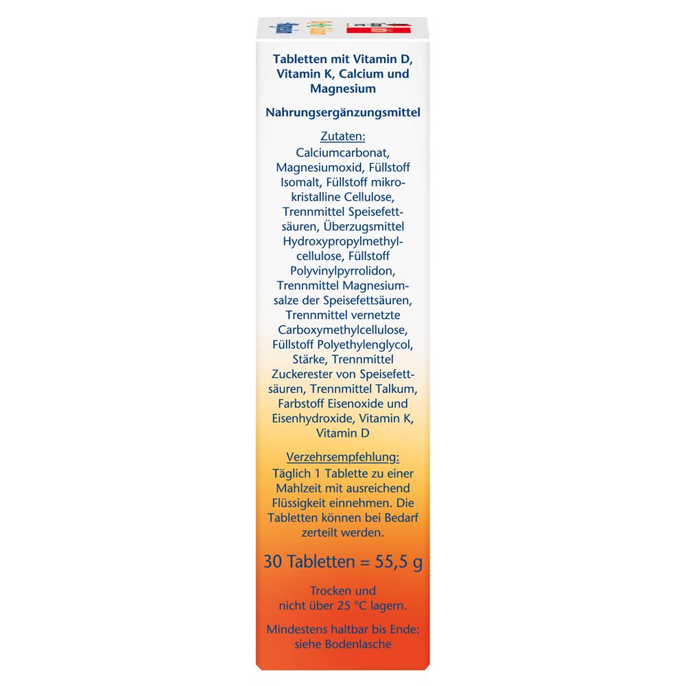 Seitenansicht der Packung mit Zutatenliste und Verzehrempfehlung für 30 Tabletten.