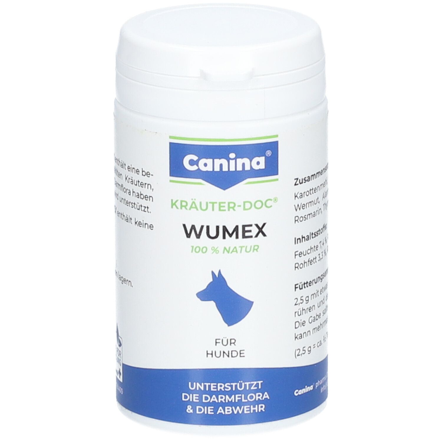Boîte blanche avec couvercle bleu. Inscription: Canina Kräuter-Doc Wumex, 100% naturel. Pour chiens. Soutient la flore intestinale et la défense.