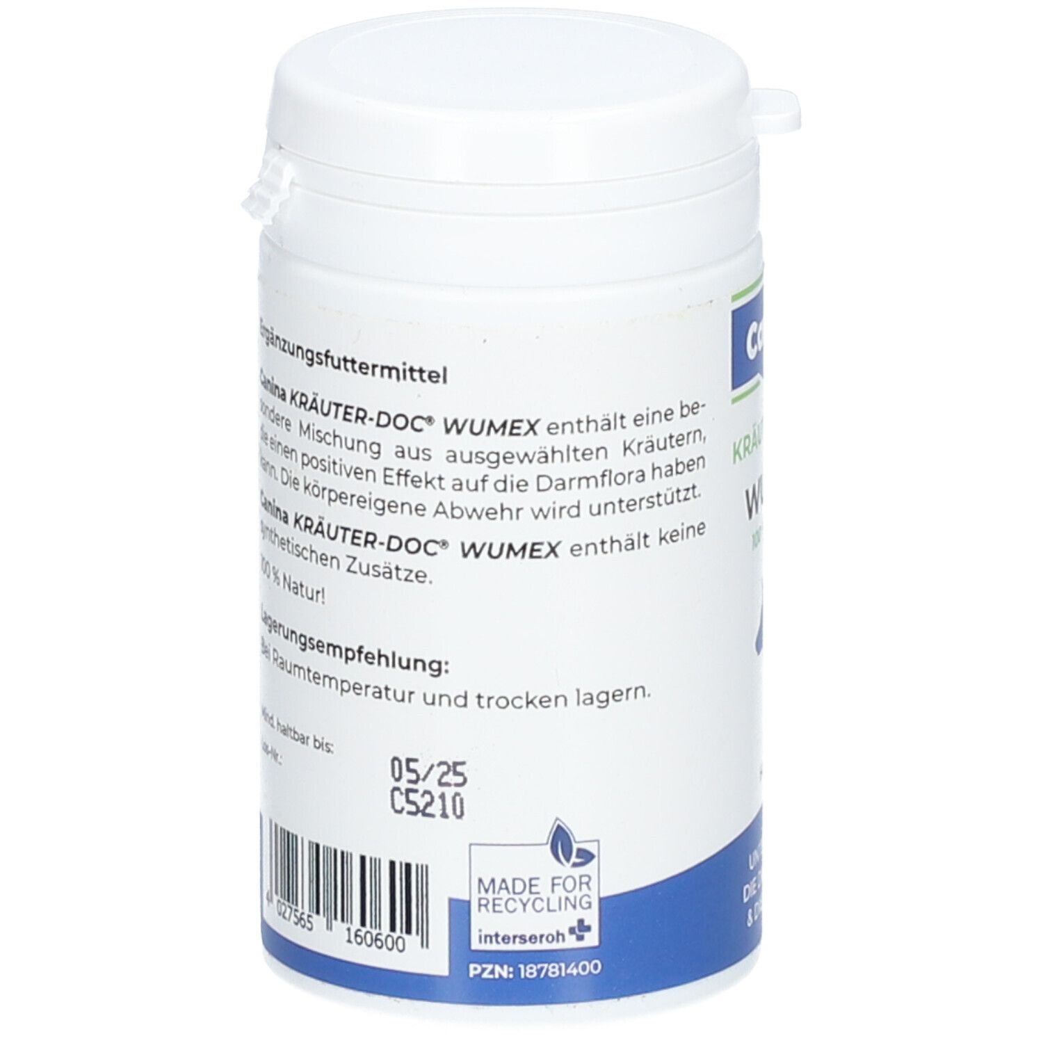 Boîte blanche avec couvercle bleu. Texte au dos. Inscription: Made for Recycling. A consommer de préférence avant 05/25. PZN: 18781400.