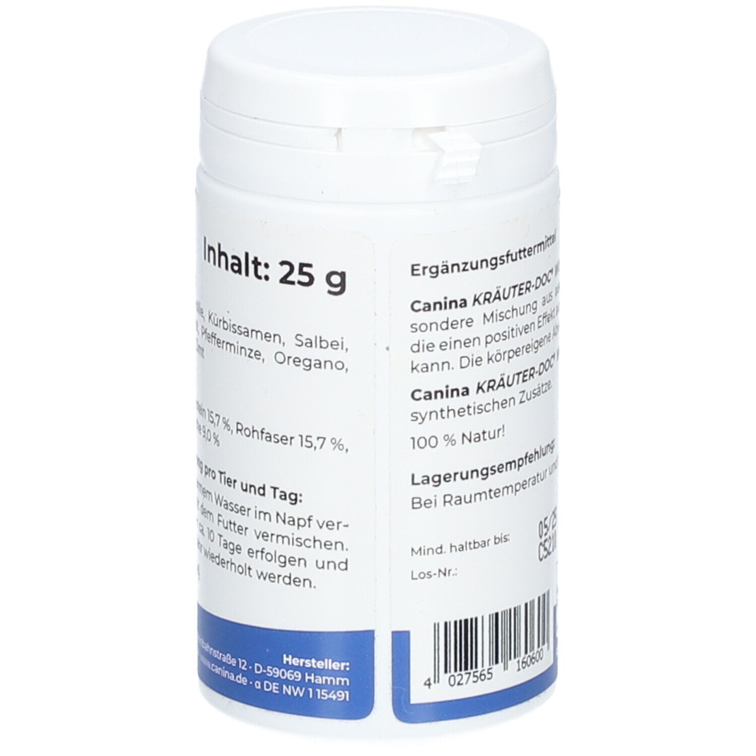 Boîte blanche avec couvercle bleu. Texte au dos. Inscription: Contenu: 25 g. Aliment complémentaire. Fabricant: Canina pharma.