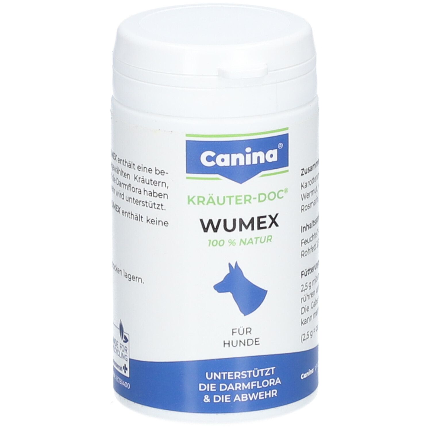 Boîte blanche avec couvercle bleu. Inscription: Canina Kräuter-Doc Wumex, 100% naturel. Pour chiens. Soutient la flore intestinale et la défense.
