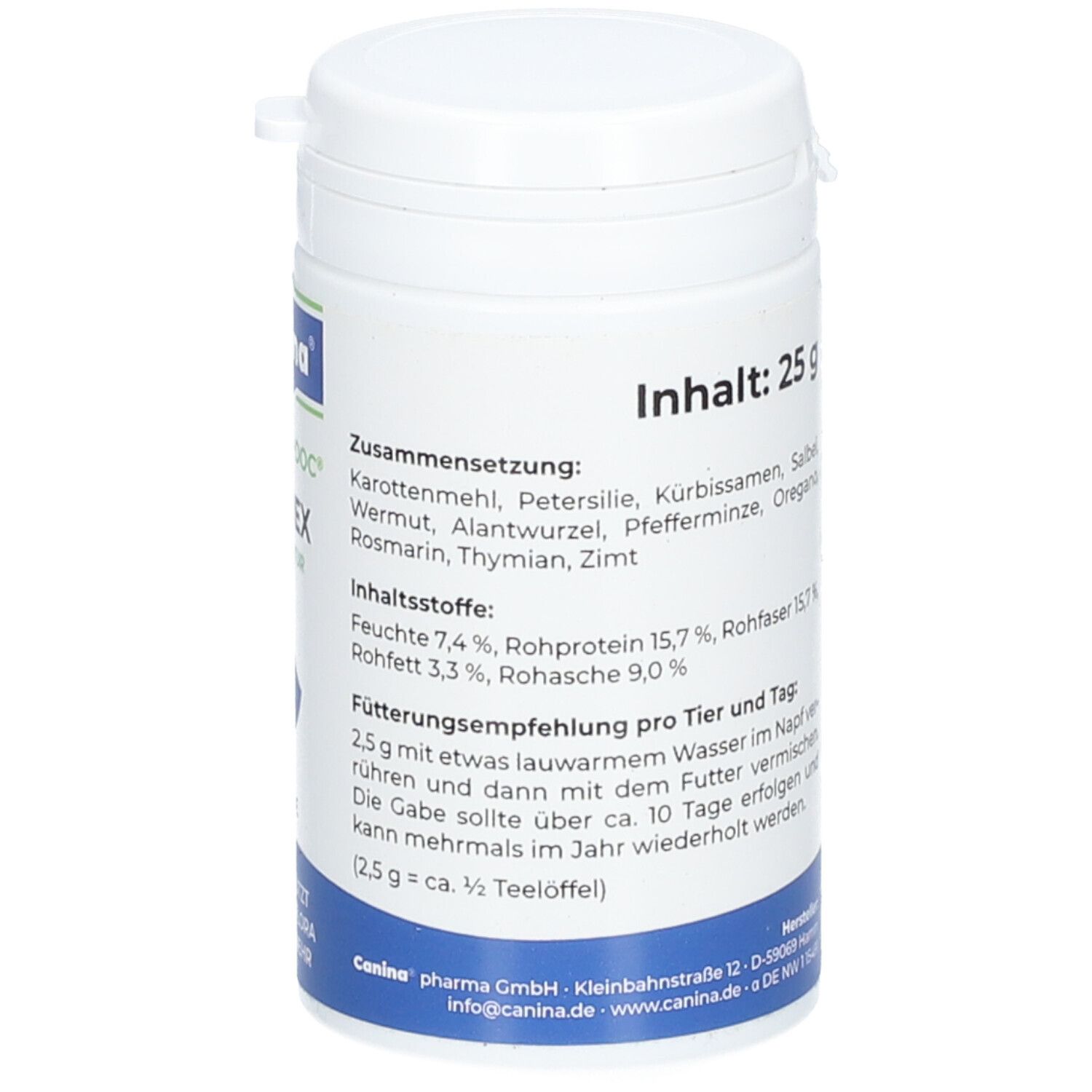 Boîte blanche avec couvercle bleu. Texte au dos. Inscription: Contenu: 25 g. Composition, ingrédients, recommandation d'alimentation. Fabricant: Canina.