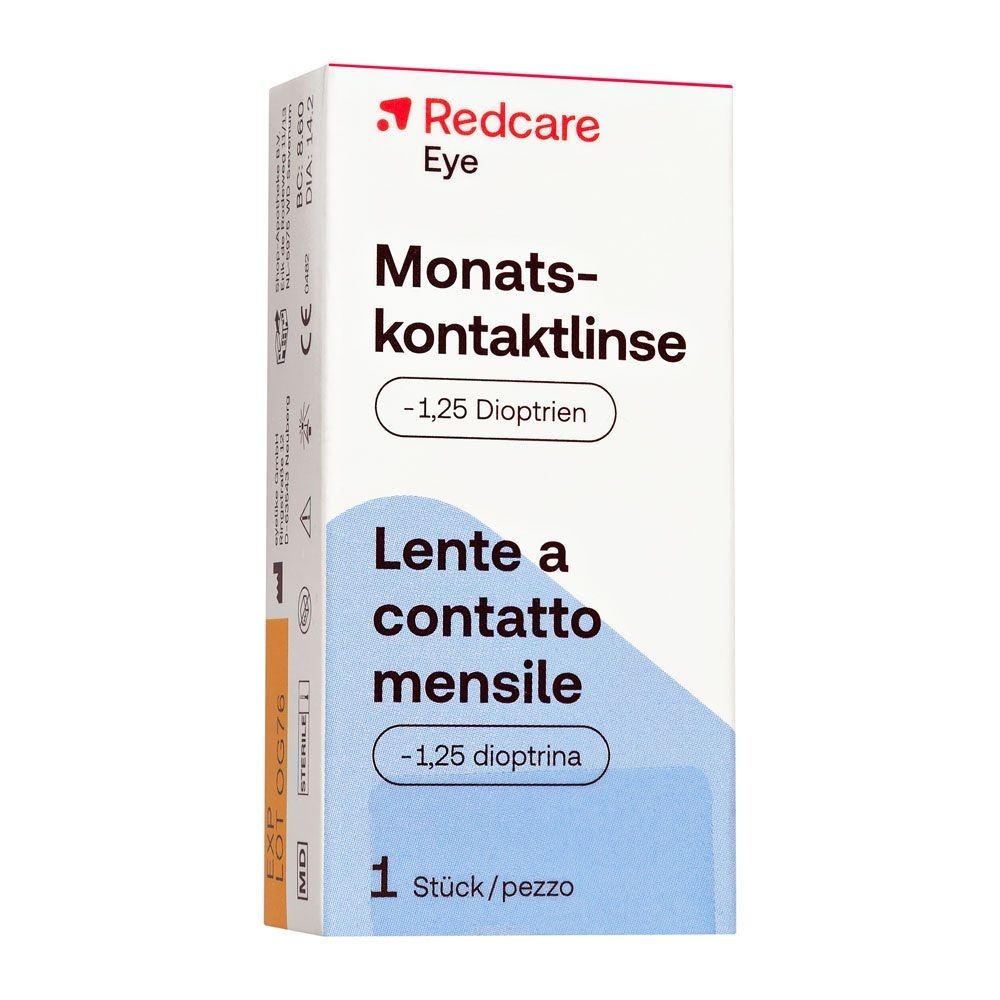 Verpackung einer Monatskontaktlinse, -1,25 Dioptrien, 1 Stück, mit seitlichen Produktinformationen.