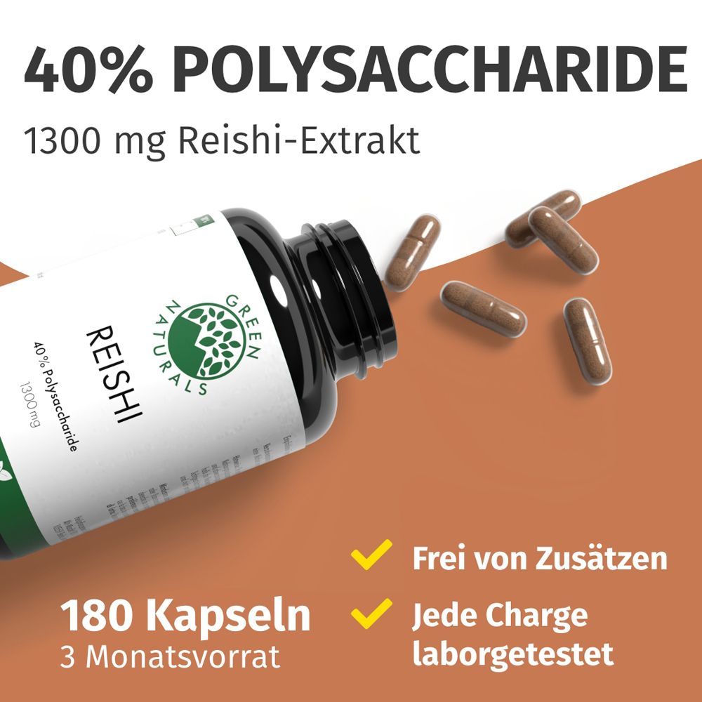Flasche mit 180 Reishi-Kapseln, 1300 mg Extrakt, 40% Polysaccharide. Frei von Zusätzen, laborgetestet.