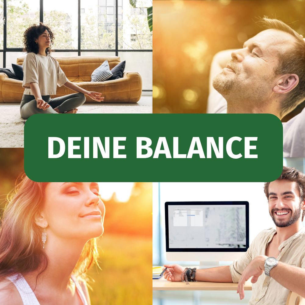 Collage mit Menschen in entspannten Posen und dem Text 'DEINE BALANCE'.