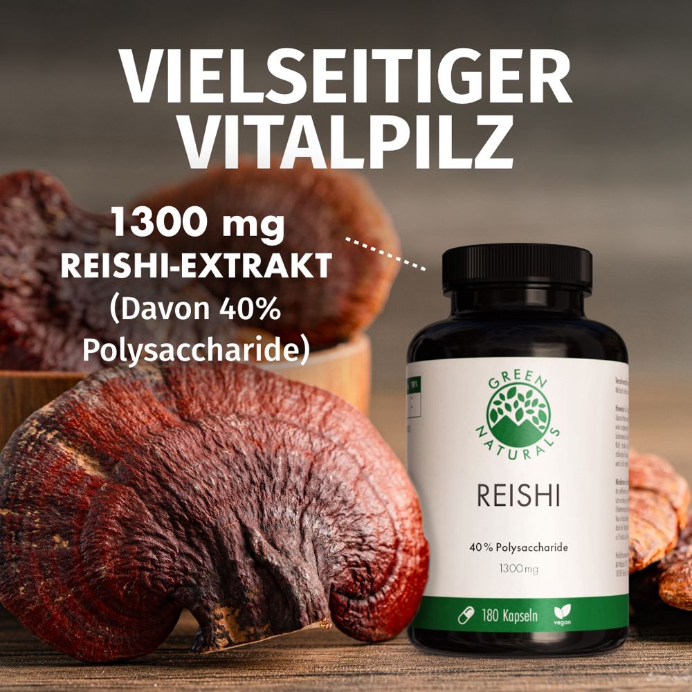 Reishi-Pilz und eine Flasche GREEN NATURALS Reishi-Extrakt (1300 mg, 40% Polysaccharide, 180 Kapseln).