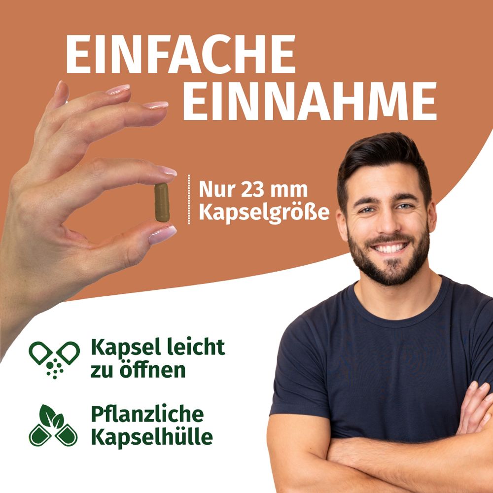 Hand hält eine Reishi-Kapsel (23 mm). Mann lächelt. Text: 'EINFACHE EINNAHME'.