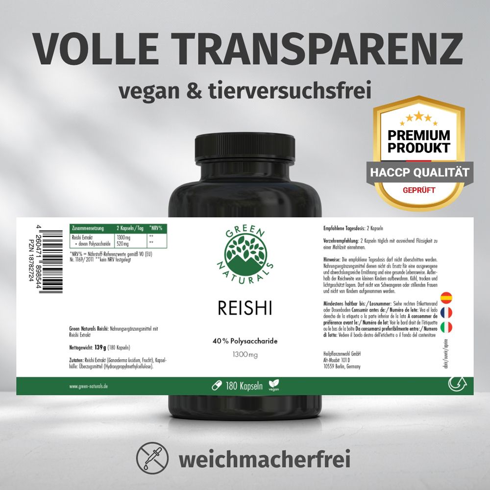 Flasche Reishi mit Etikett. Text: 'VOLLE TRANSPARENZ', 'vegan & tierversuchsfrei', 'PREMIUM PRODUKT', 'HACCP QUALITÄT'.