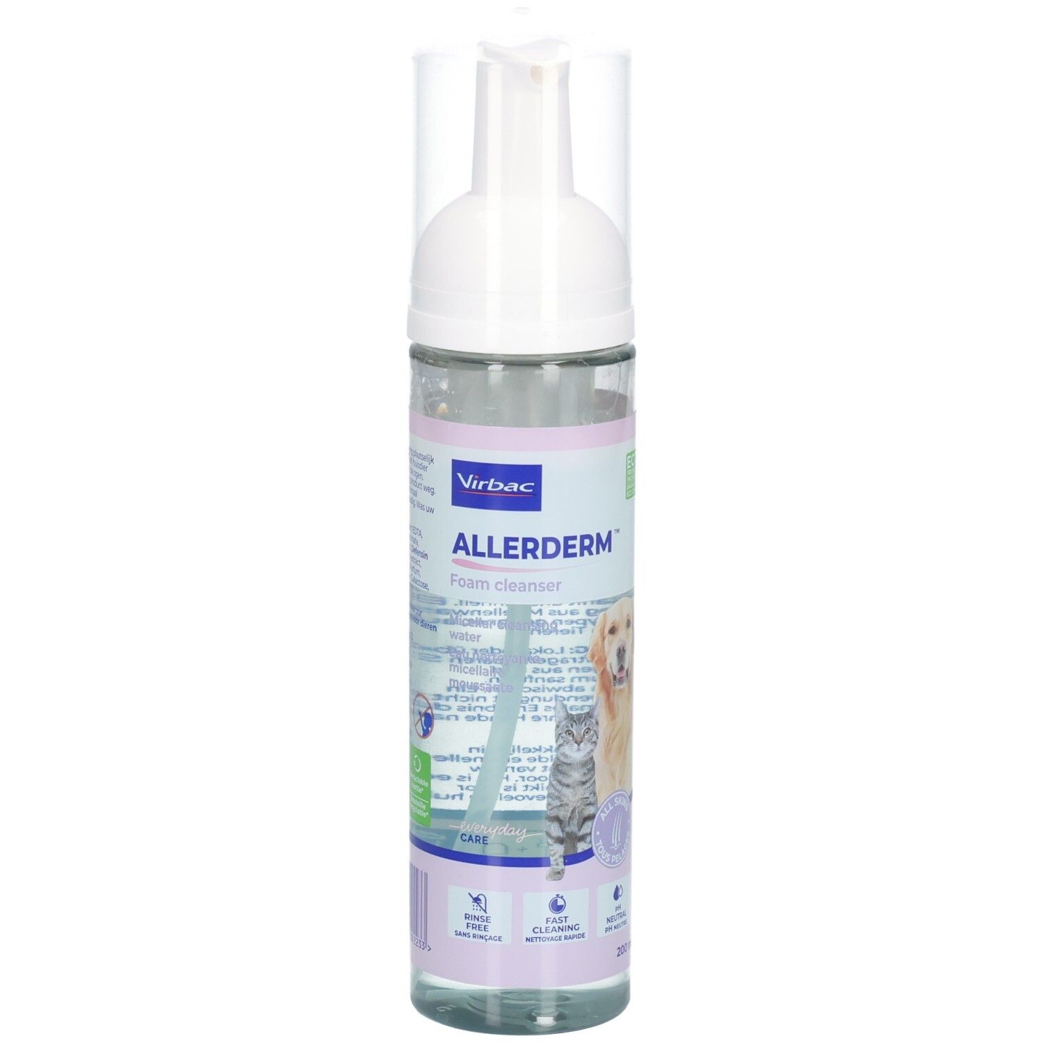 Virbac Allerderm™ Schaum. Flasche mit Sprühkopf. Aufdruck mit Produktnamen, Logo, Abbildungen von Hund und Katze.