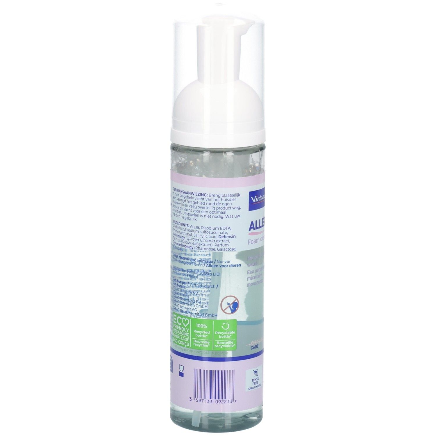 Rückseite der Virbac Allerderm™ Schaum Flasche. Text in mehreren Sprachen. Umweltzeichen und Barcode.