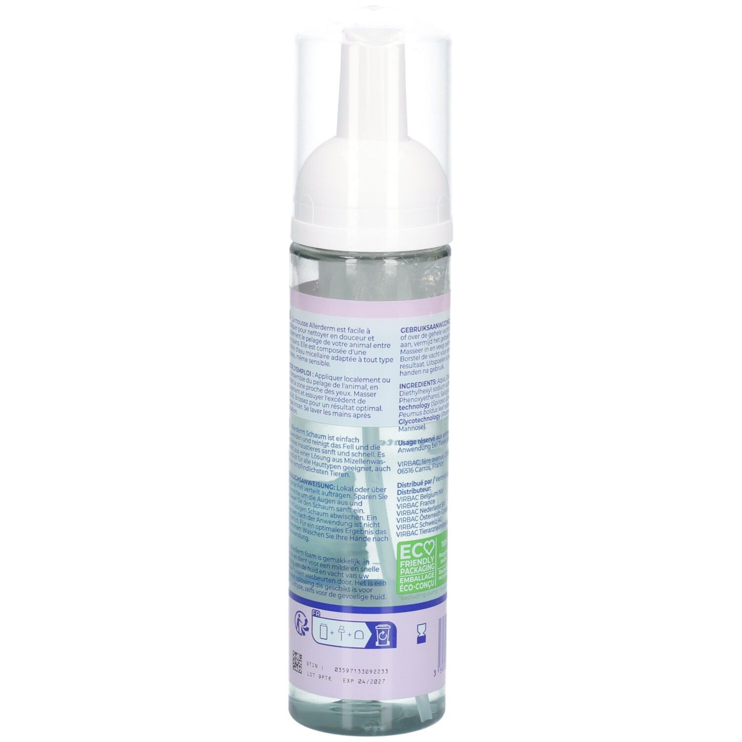 Rückseite der Virbac Allerderm™ Schaum Flasche. Text in mehreren Sprachen. Umweltzeichen und Barcode.