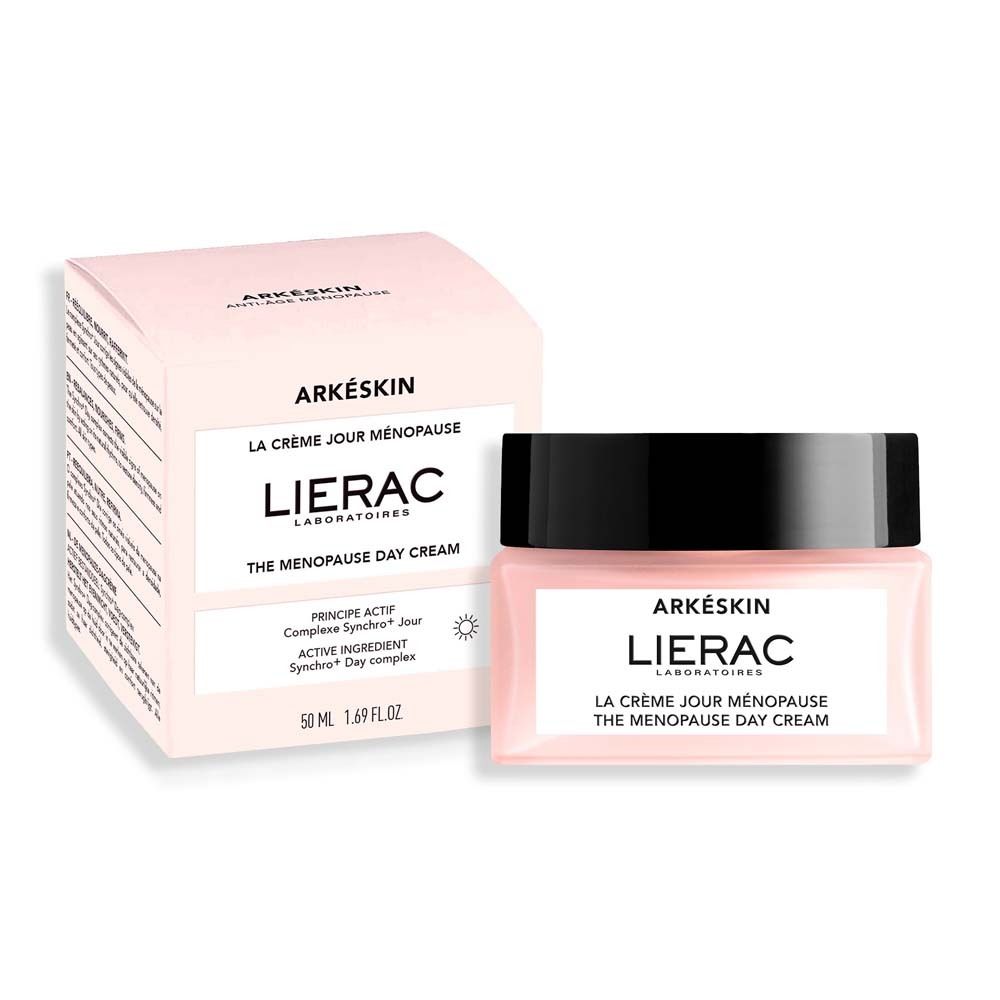 Boîte rose et pot avec couvercle noir. Inscription: Arkéskin, LIERAC, La Crème Jour Ménopause, The Menopause Day Cream.