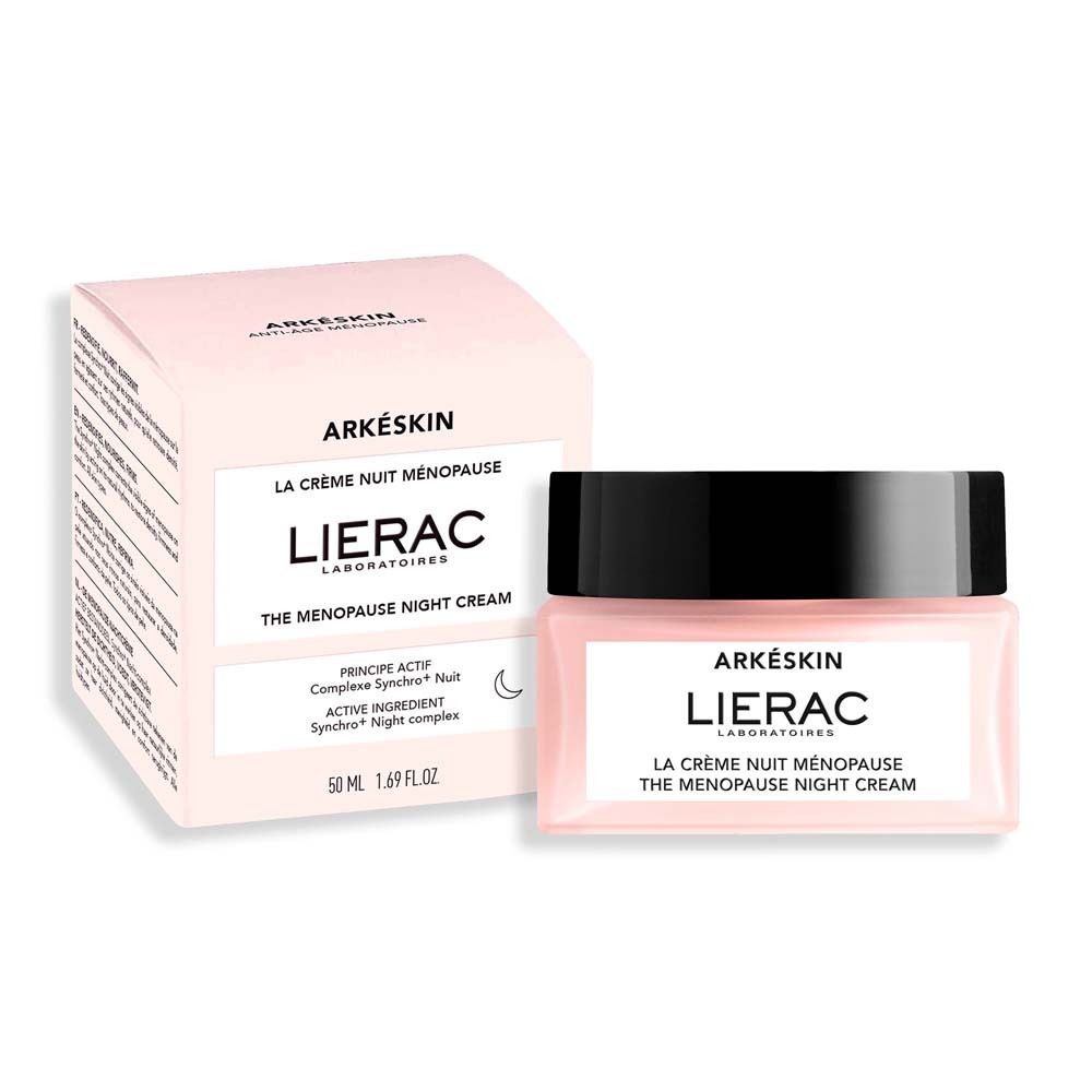Emballage et pot. Inscription : Arkéskin, Lierac, La Crème Nuit Ménopause, The Menopause Night Cream. 50 ml.
