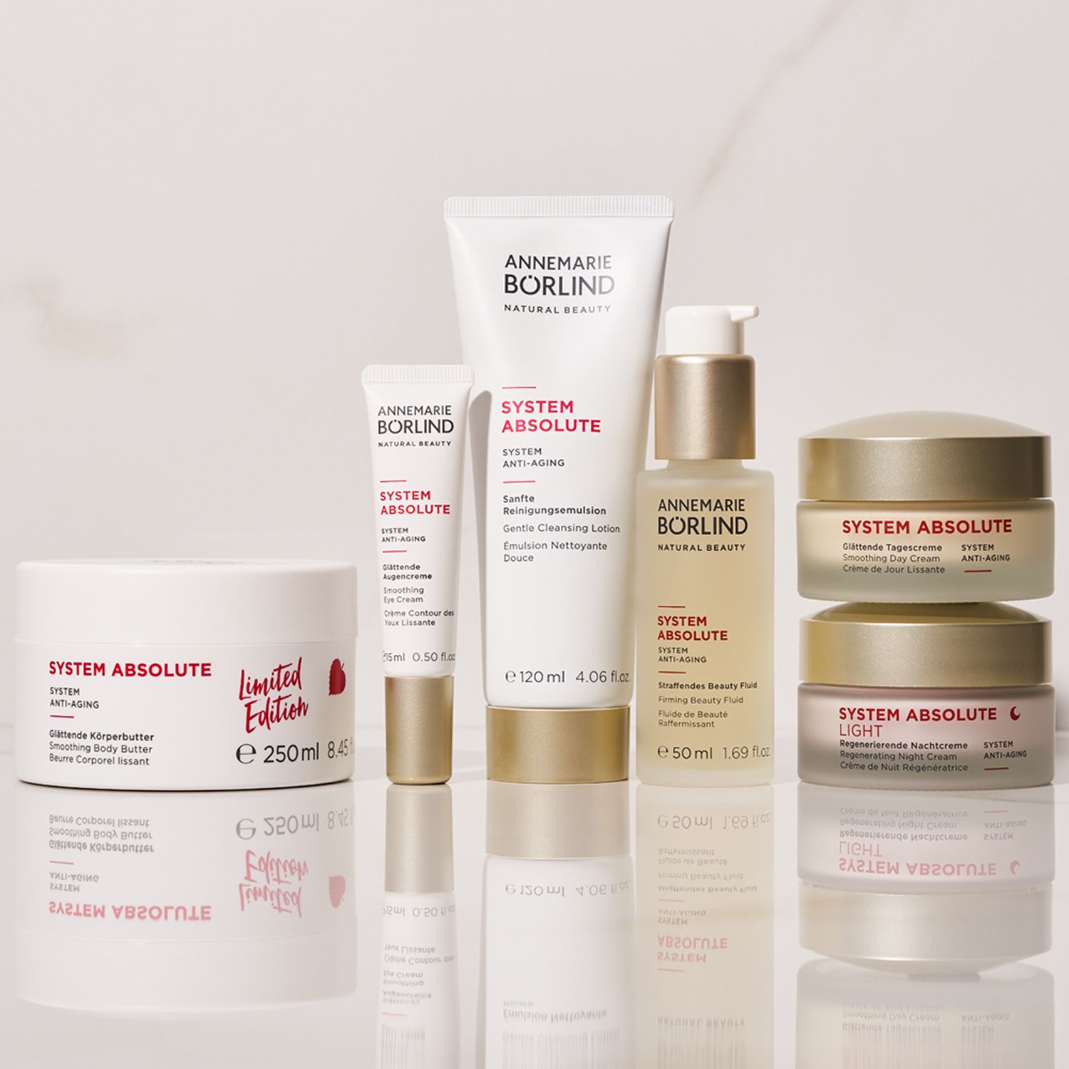 Verschiedene Produkte. Aufschrift: ANNEMARIE BÖRLIND, SYSTEM ABSOLUTE. Produkte in Weiß und Gold.
