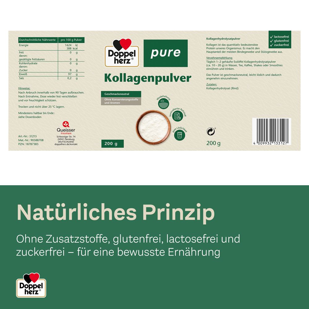 Verpackung Doppelherz pure Kollagenpulver. Aufschrift: Natürliches Prinzip. Ohne Zusatzstoffe, glutenfrei, laktosefrei, zuckerfrei.