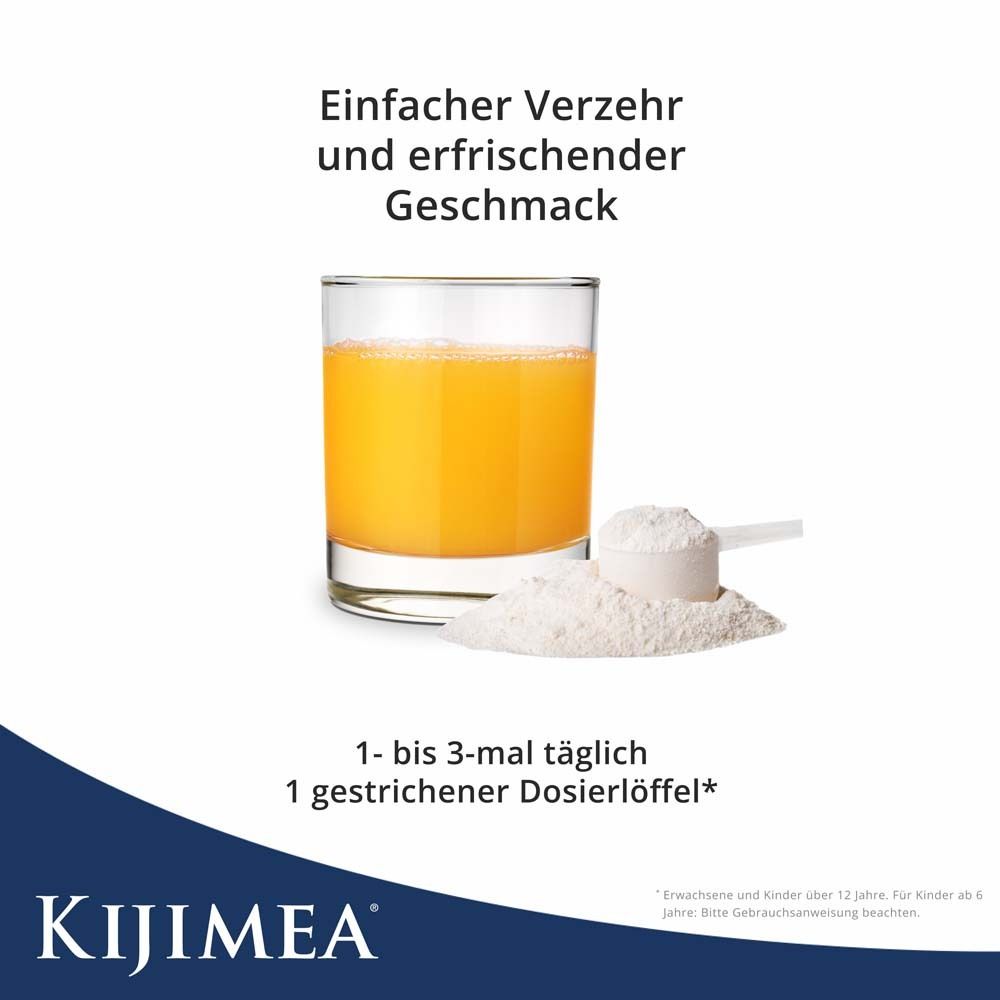 Glas mit gelbem Getränk, daneben Pulver und Messlöffel. Text: Einfacher Verzehr und erfrischender Geschmack.