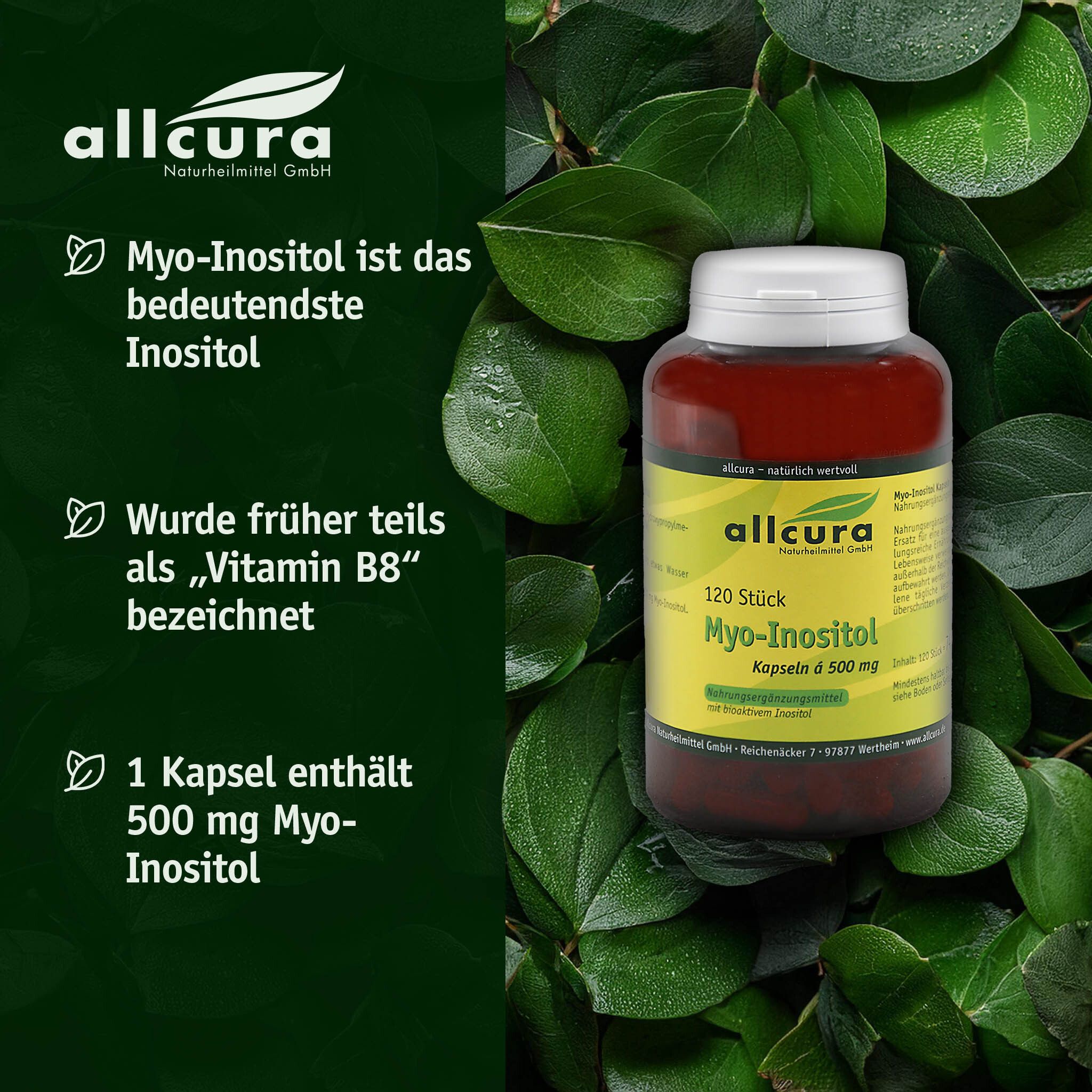 Flacon brun à bouchon blanc, entouré de feuilles vertes. Texte : Myo-Inositol est le plus important inositol.