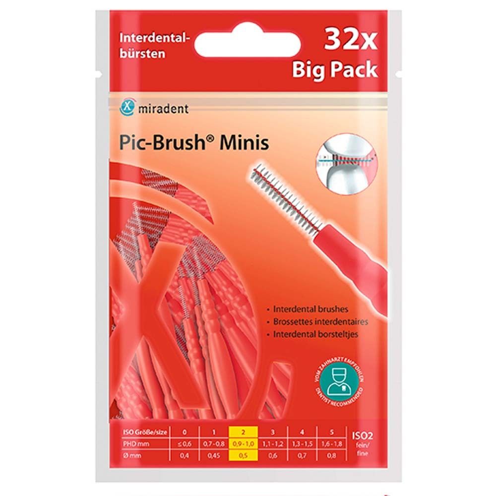 Packung mit miradent Pic-Brush Minis. Enthält 32 Interdentalbürsten. Rote Bürsten in einer transparenten Verpackung. ISO-Größenangaben.