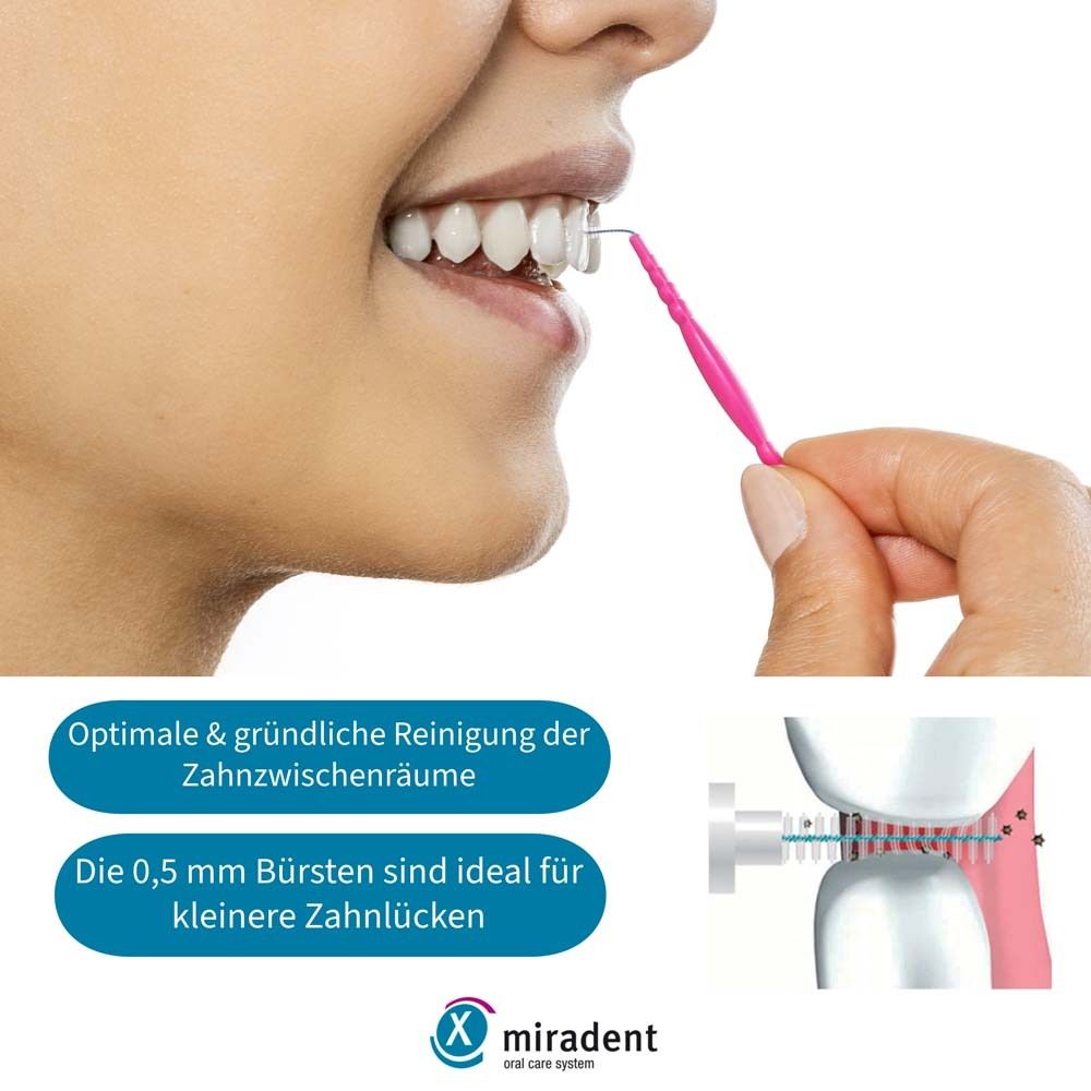 Person verwendet eine rosa Interdentalbürste. Nahaufnahme von Zähnen. Zusätzliche Abbildungen zeigen die Anwendung. Miradent Logo.