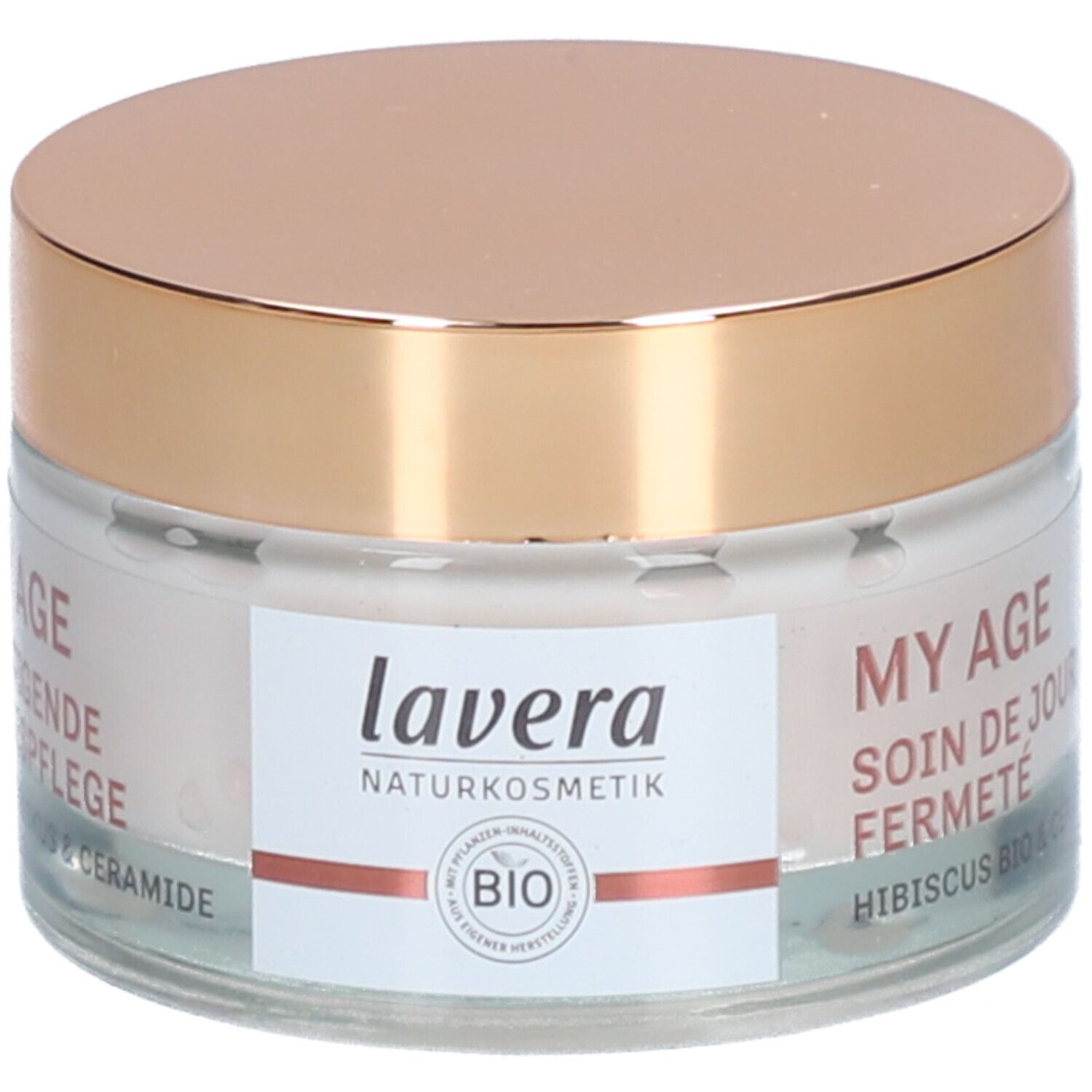 Creme-Glas mit goldfarbenem Deckel. Aufschrift: lavera, MY AGE, Festigende Tagespflege, BIO-Ceramide.