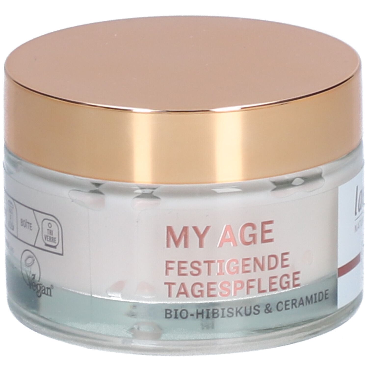 Creme-Glas mit goldfarbenem Deckel. Aufschrift: MY AGE, Festigende Tagespflege, BIO-Hibiskus & Ceramide.