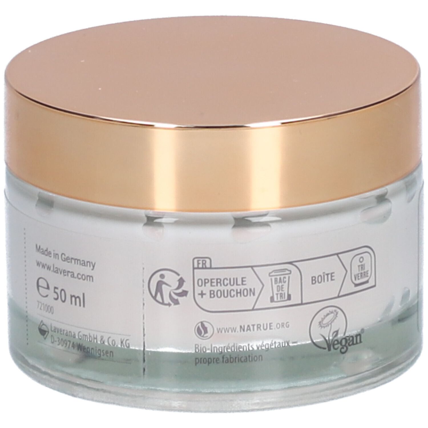 Creme-Glas mit goldfarbenem Deckel. Aufschrift: lavera, Made in Germany, 50 ml, Vegan-Siegel.