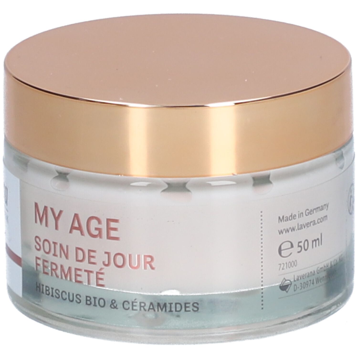 Creme-Glas mit goldfarbenem Deckel. Aufschrift: MY AGE, Soin de jour fermeté, Hibiscus BIO & Céramides, 50 ml.