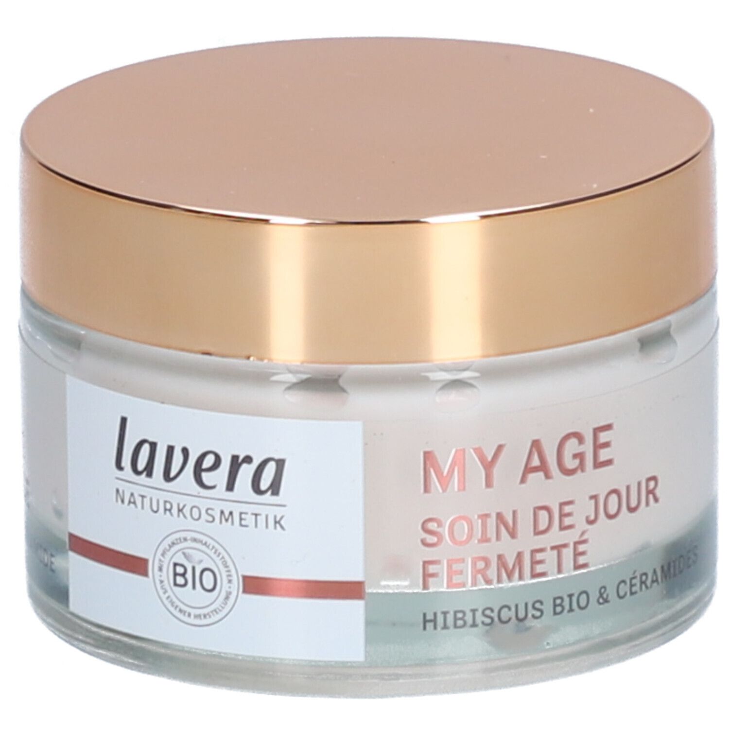 Creme-Glas mit goldfarbenem Deckel. Aufschrift: lavera, MY AGE, Soin de jour fermeté, BIO-Zertifizierung.