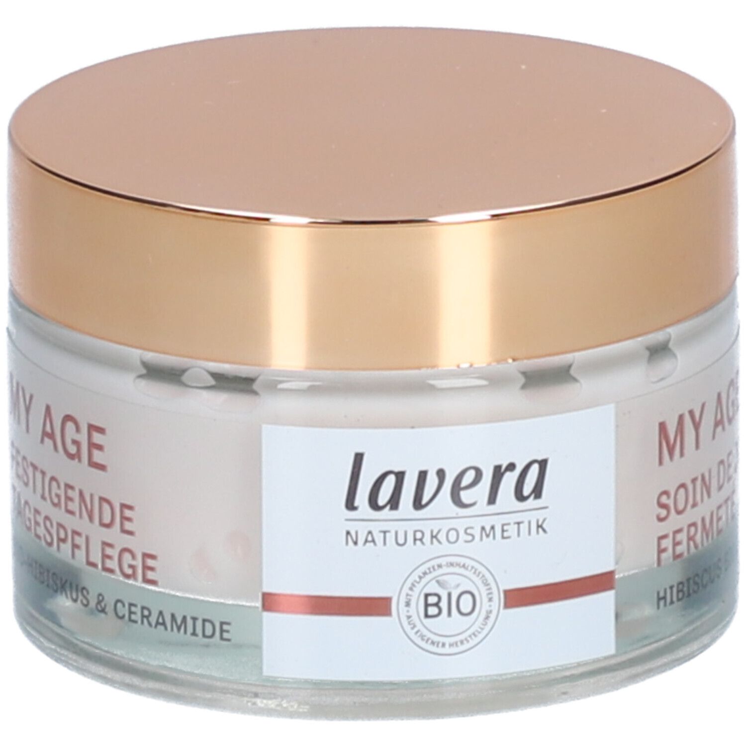 Creme-Glas mit goldfarbenem Deckel. Aufschrift: lavera, MY AGE, Festigende Tagespflege, BIO-Hibiskus & Ceramide.