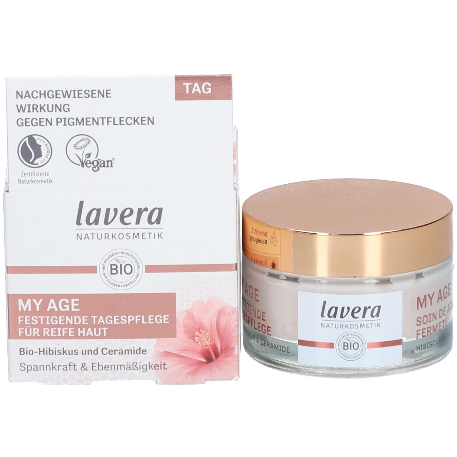 Creme-Glas und Karton. Aufschrift: lavera, MY AGE, Festigende Tagespflege, BIO-Hibiskus & Ceramide, Vegan-Siegel.