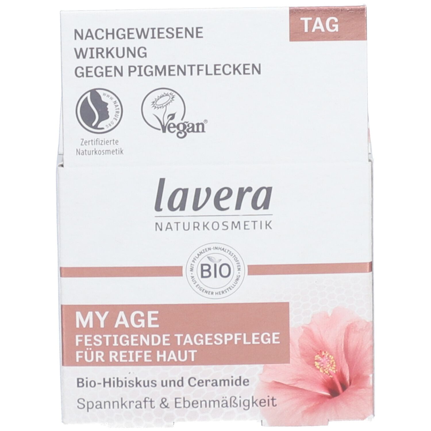 Karton. Aufschrift: lavera, MY AGE, Festigende Tagespflege, BIO-Hibiskus & Ceramide, Vegan-Siegel.