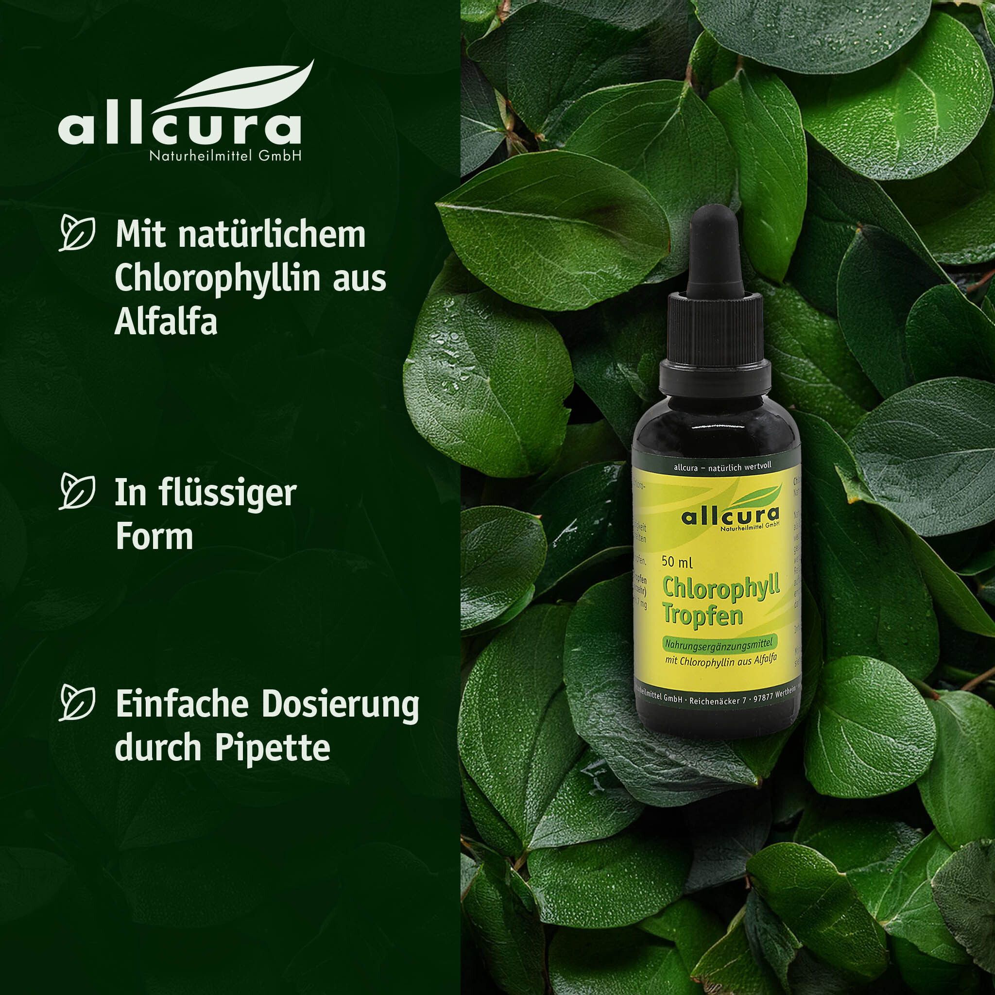 Braune Glasflasche mit Pipette, umgeben von grünen Blättern. Text: Mit natürlichem Chlorophyllin aus Alfalfa.