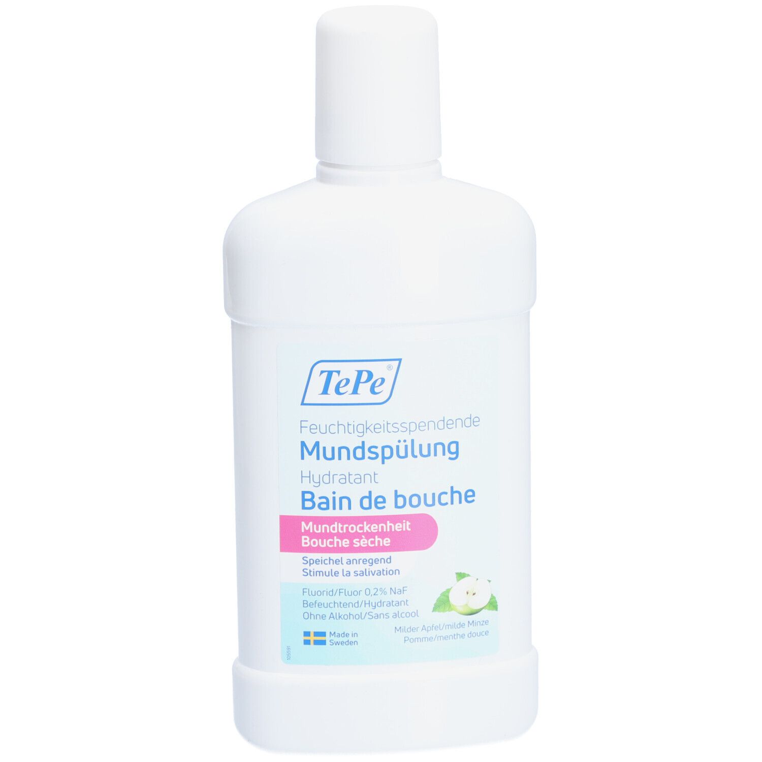 Flacon blanc de bain de bouche. Inscription : TePe, Bain de bouche hydratant. Étiquette rose : sécheresse buccale. Illustration de pomme.