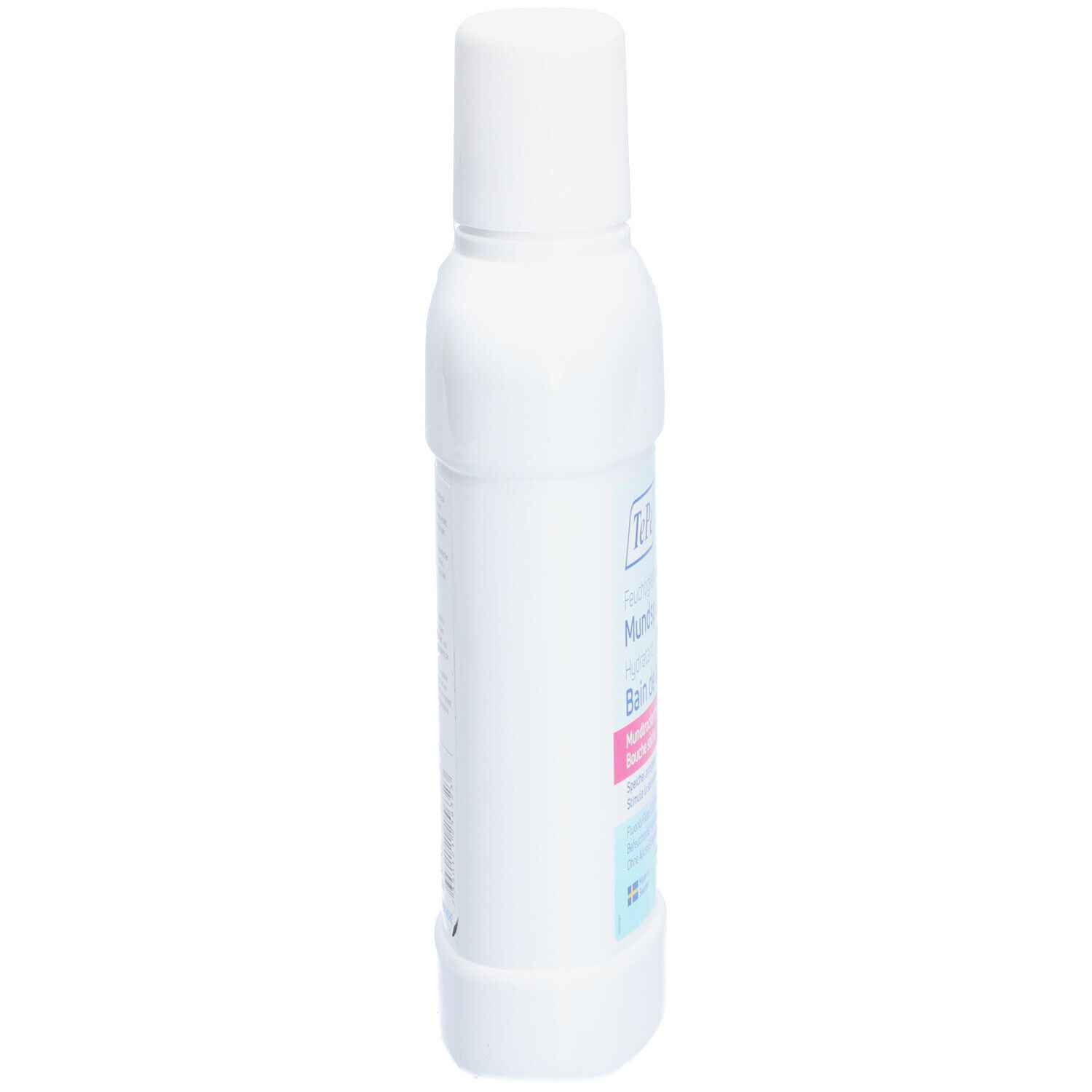 Flacon blanc de bain de bouche, vue latérale. Inscription : TePe, Bain de bouche hydratant. Étiquette rose : sécheresse buccale.