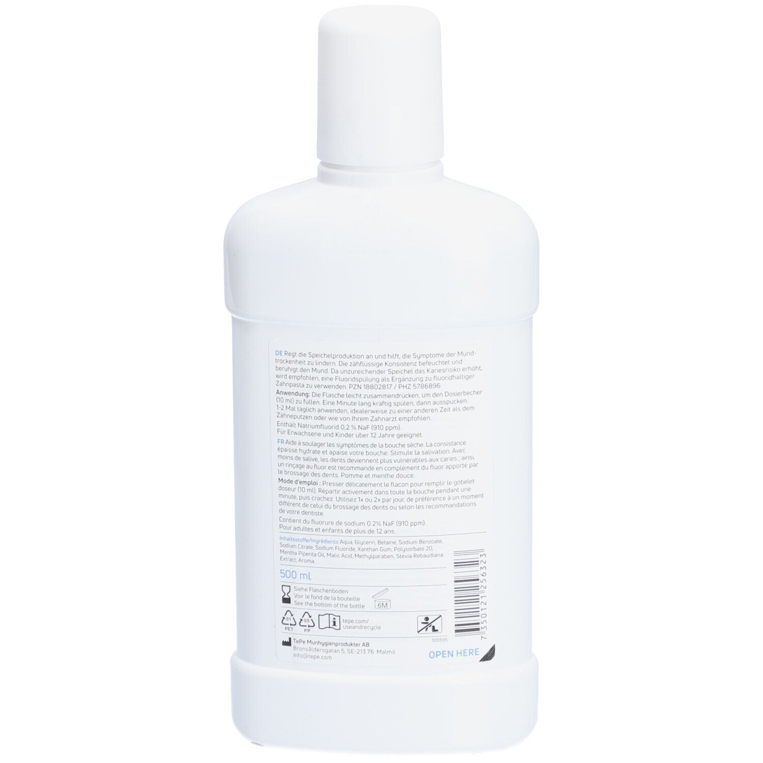 Dos du flacon blanc de bain de bouche. Texte multilingue. Code-barres et symboles de recyclage. Inscription : TePe, Bain de bouche hydratant.