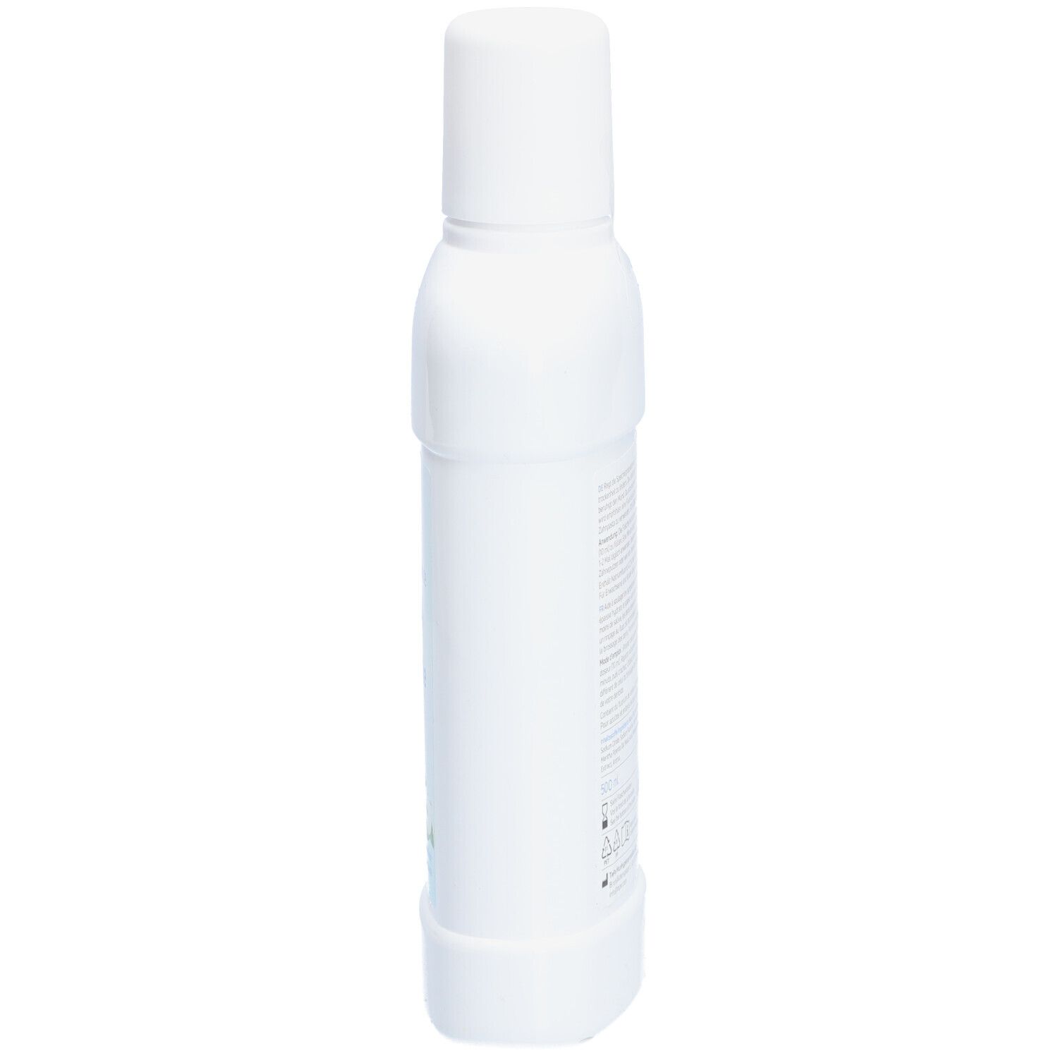 Flacon blanc de bain de bouche, vue latérale. Inscription : TePe, Bain de bouche hydratant. Étiquette rose : sécheresse buccale.