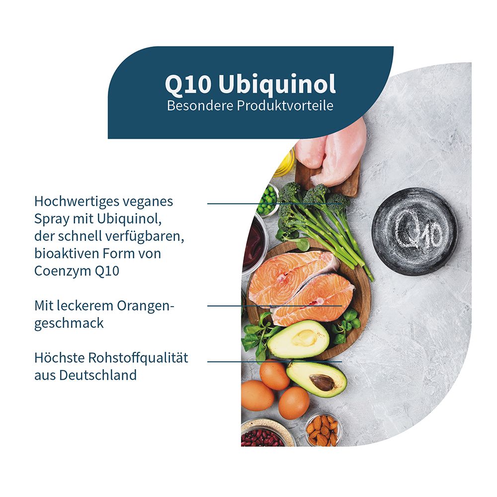 Avantages du spray Q10 Ubiquinol : vegan, bioactif, goût orange, qualité des matières premières allemandes.